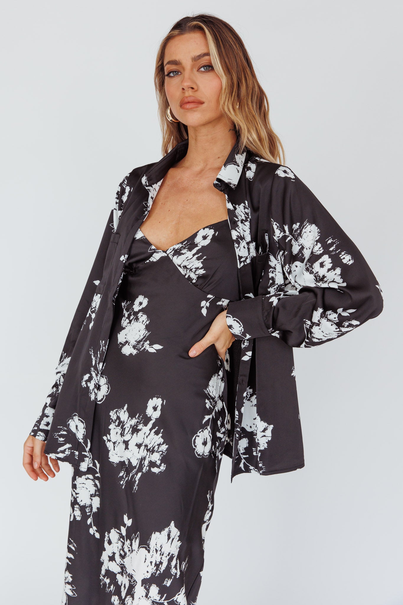 Dillon Long Sleeve Satin Shirt Floral Black-Fable Dress