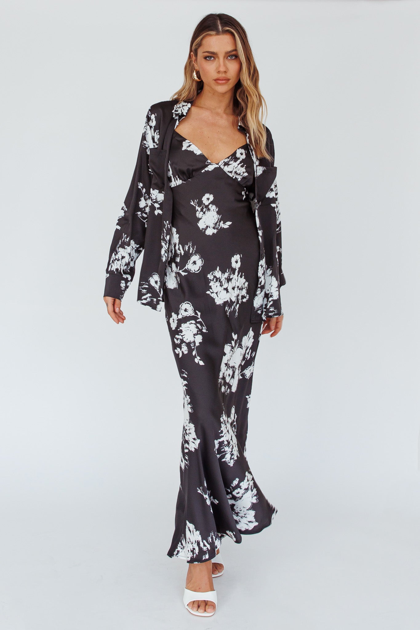 Dillon Long Sleeve Satin Shirt Floral Black-Fable Dress