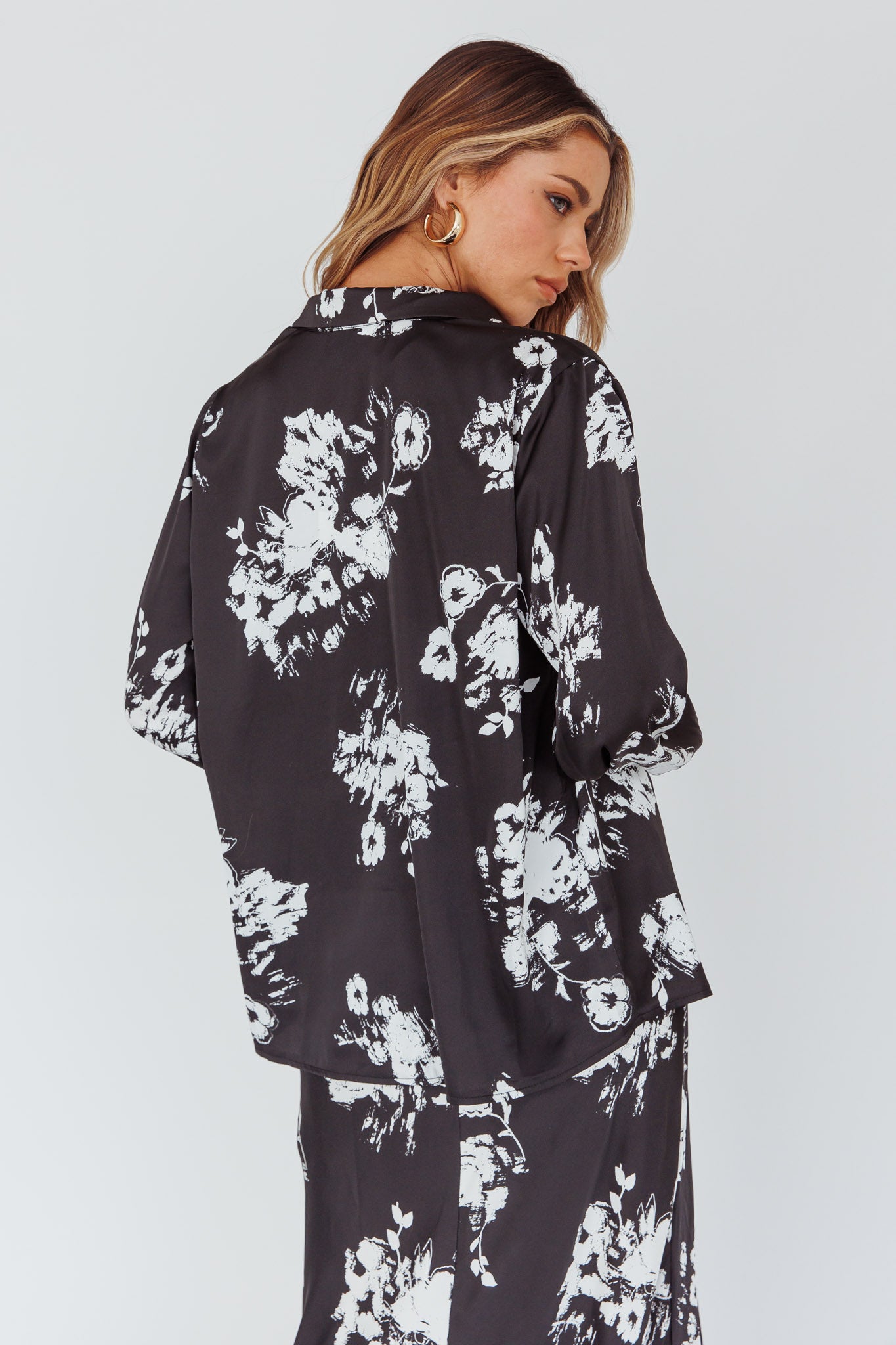 Dillon Long Sleeve Satin Shirt Floral Black-Fable Dress