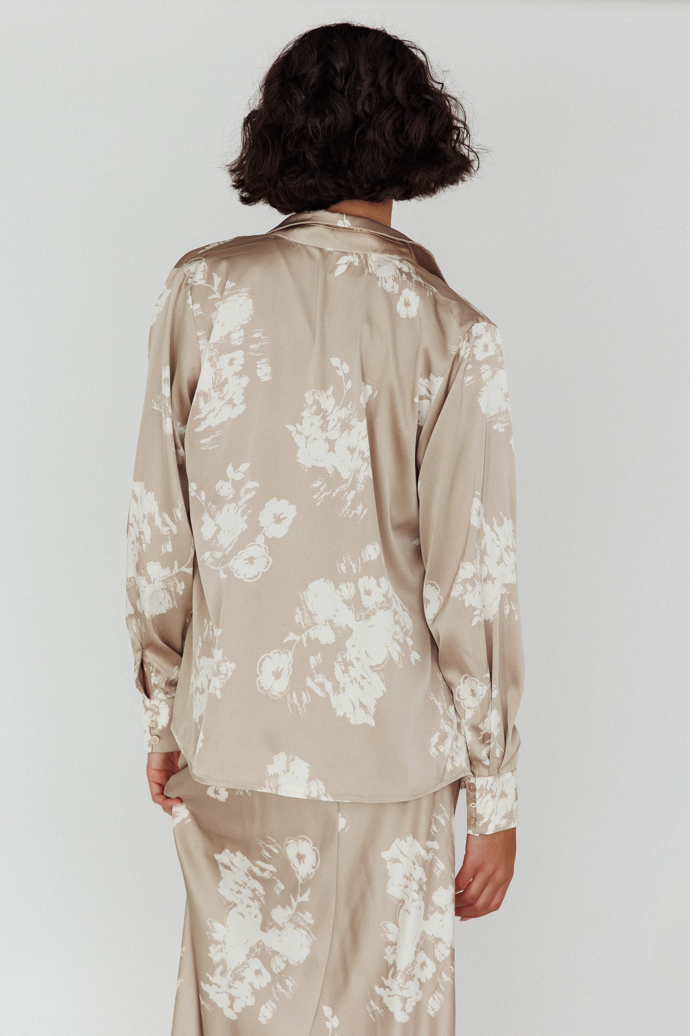 Dillon Long Sleeve Satin Shirt Floral Grey-Fable Dress
