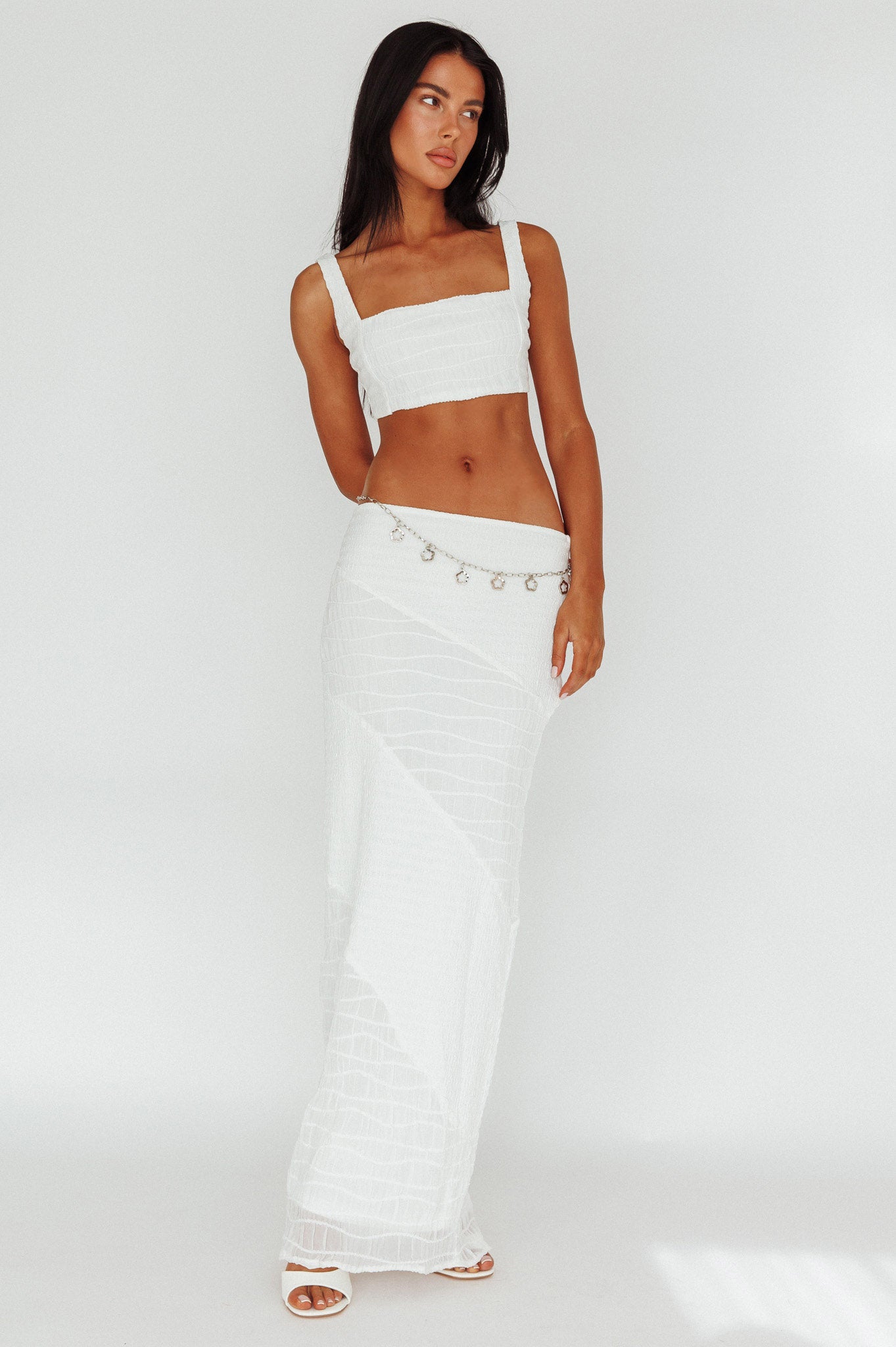 Bindi Puckered Midi Skirt White-Fable Dress