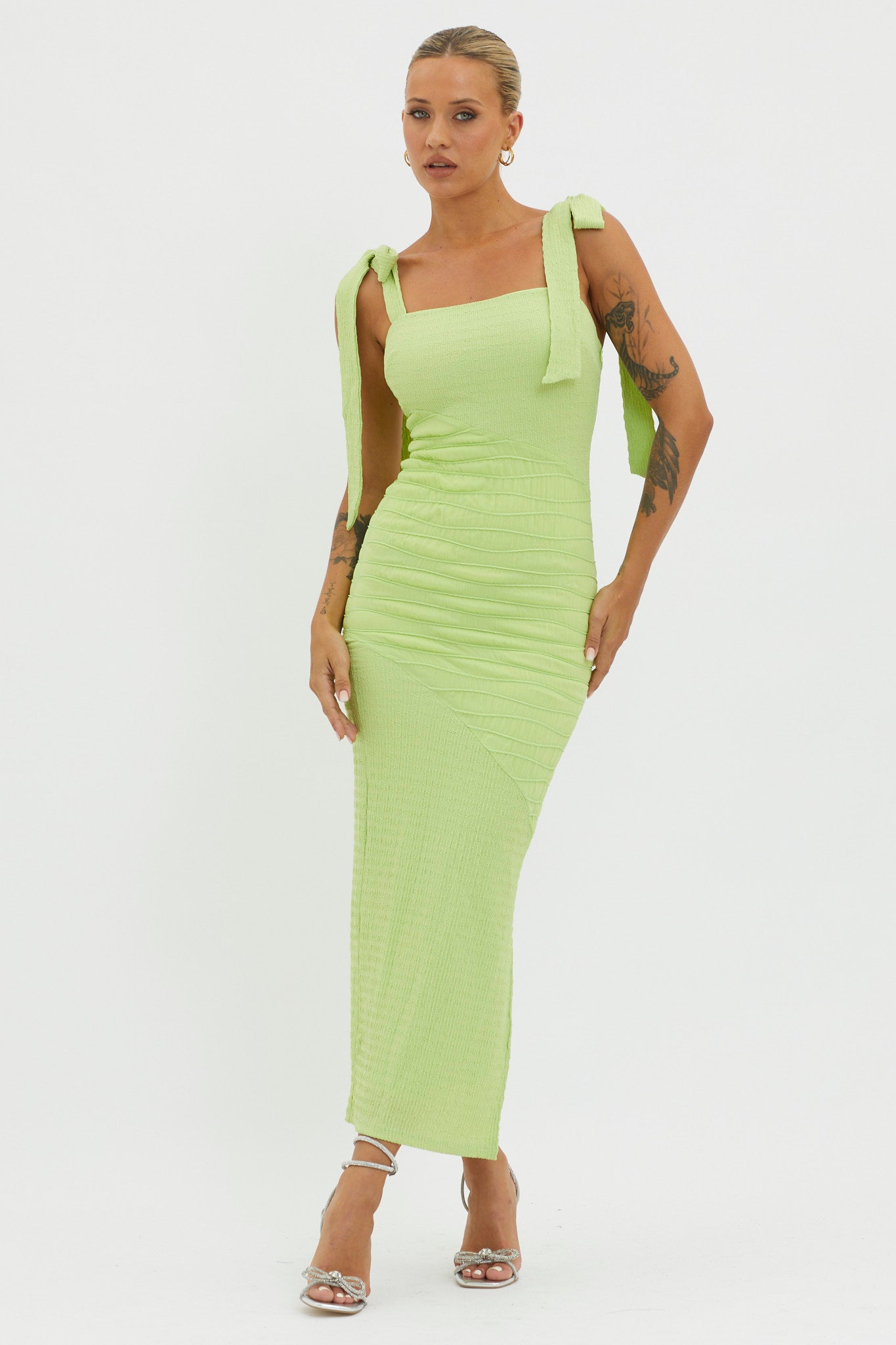 Bindi Puckered Tied Strap Dress Green-Fable Dress