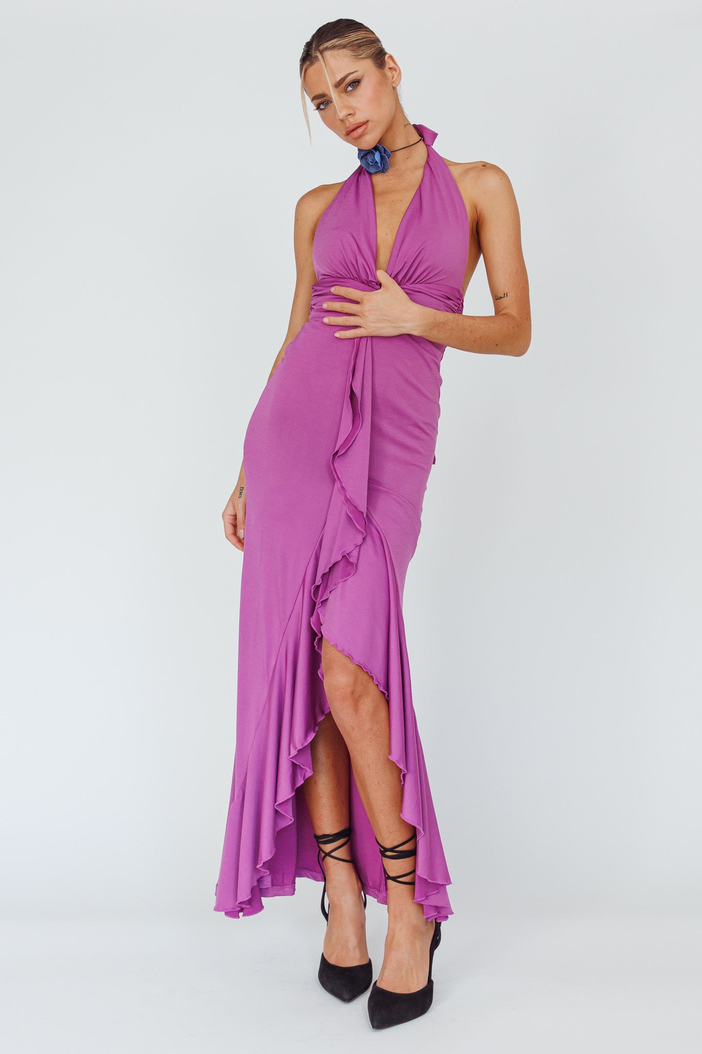 Zaphirah Halterneck Ruffle Dress Magenta-Fable Dress