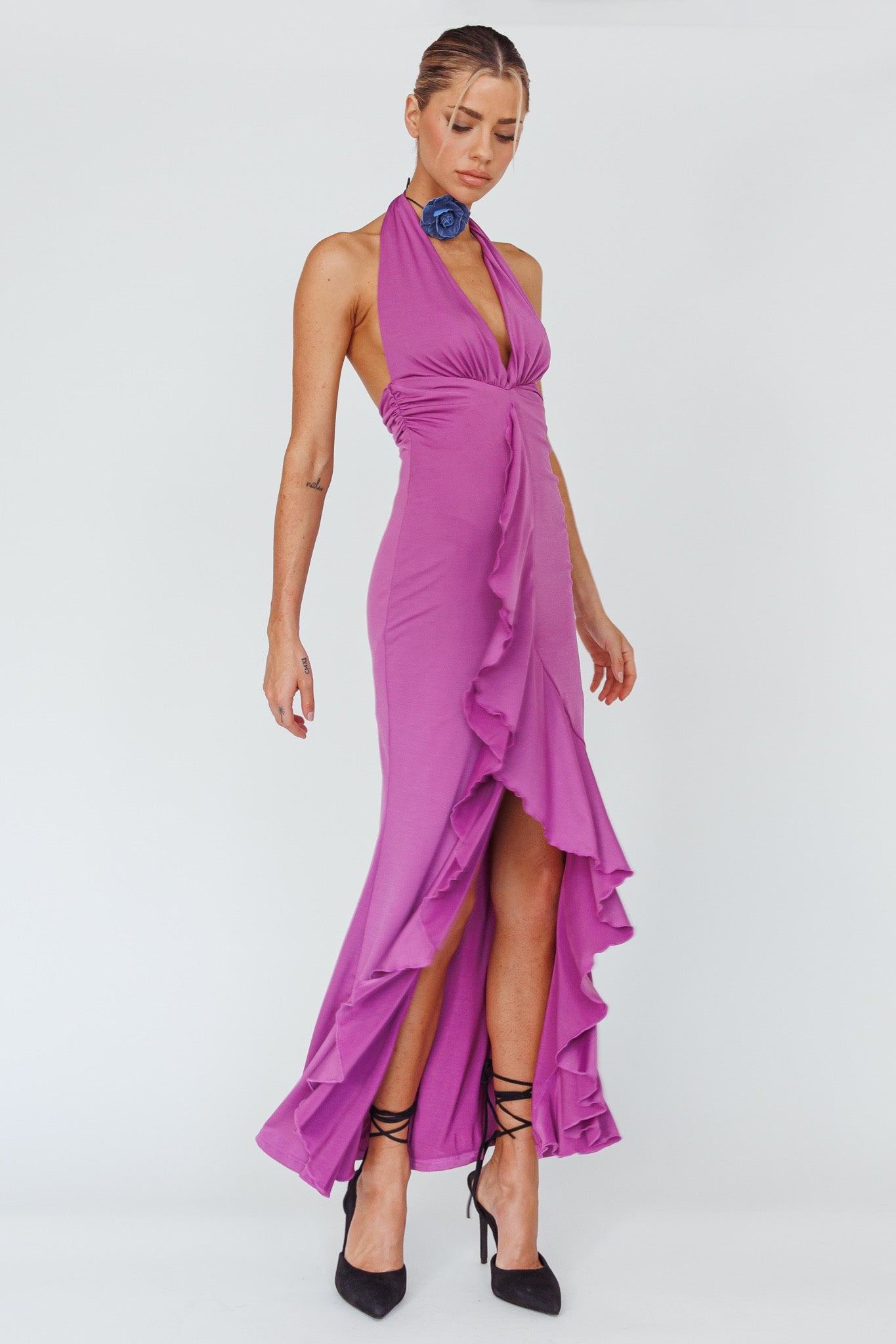 Zaphirah Halterneck Ruffle Dress Magenta-Fable Dress