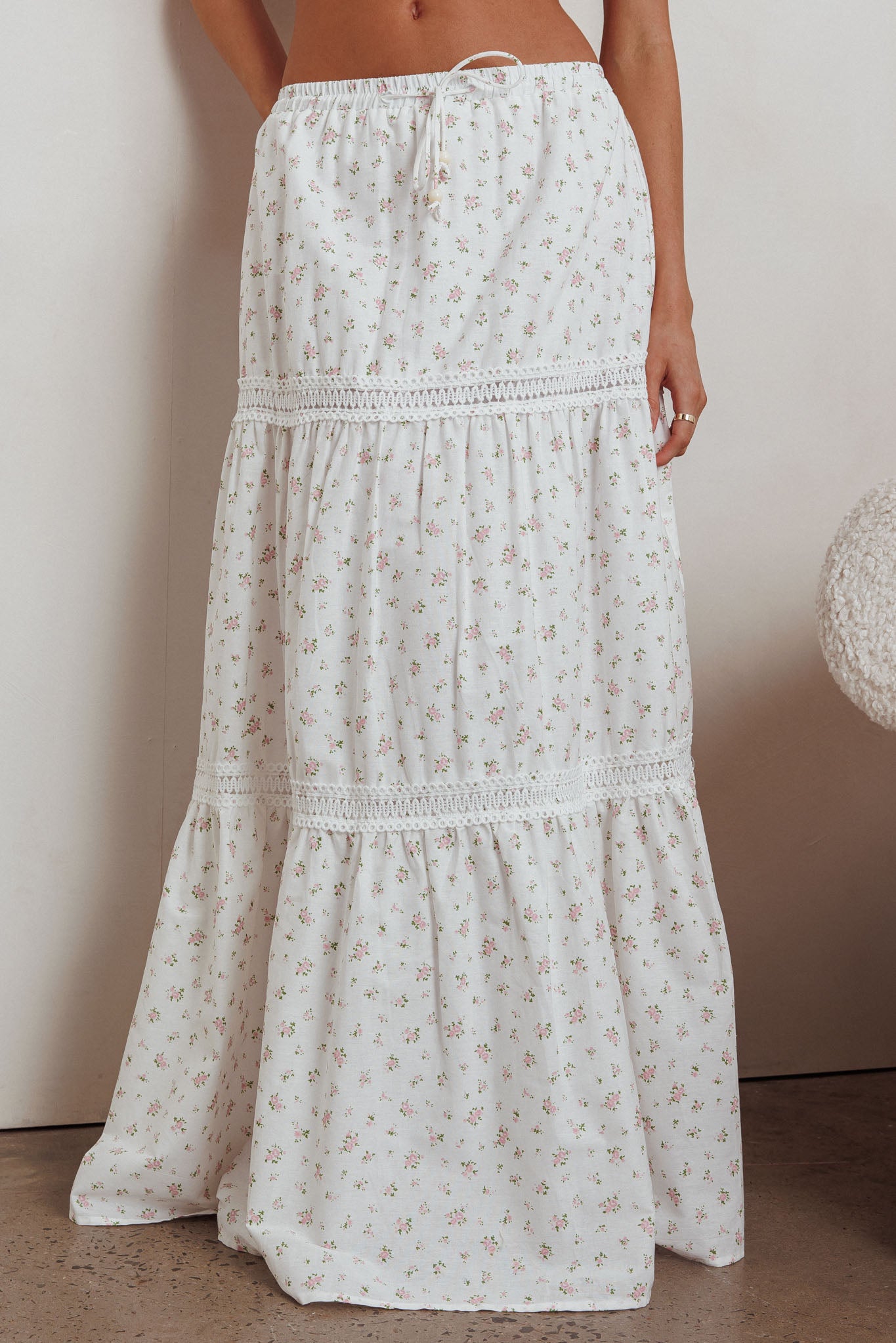 Canyon Cove Crochet Trim Maxi Skirt Floral Pink-Fable Dress