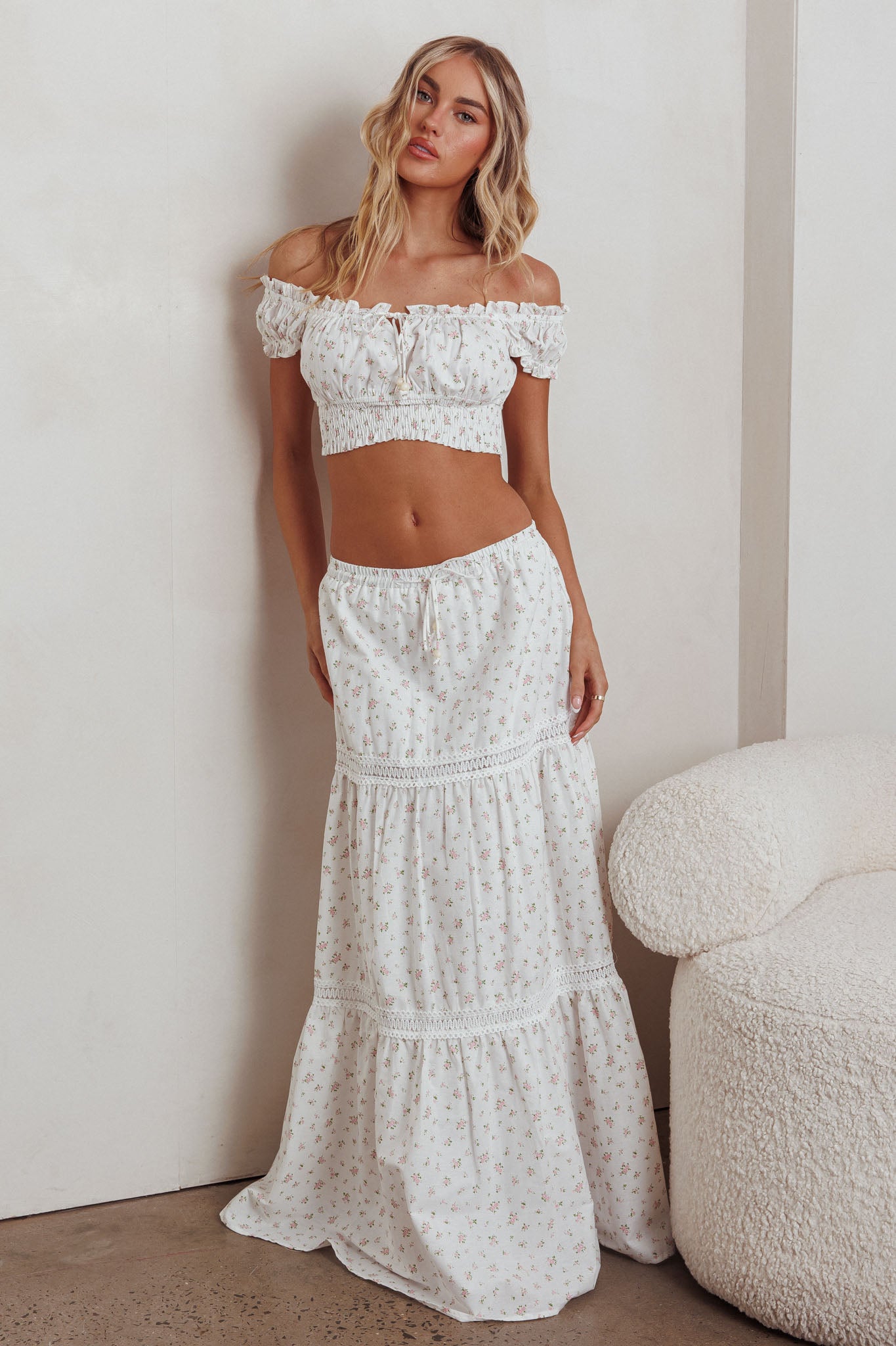 Canyon Cove Crochet Trim Maxi Skirt Floral Pink-Fable Dress