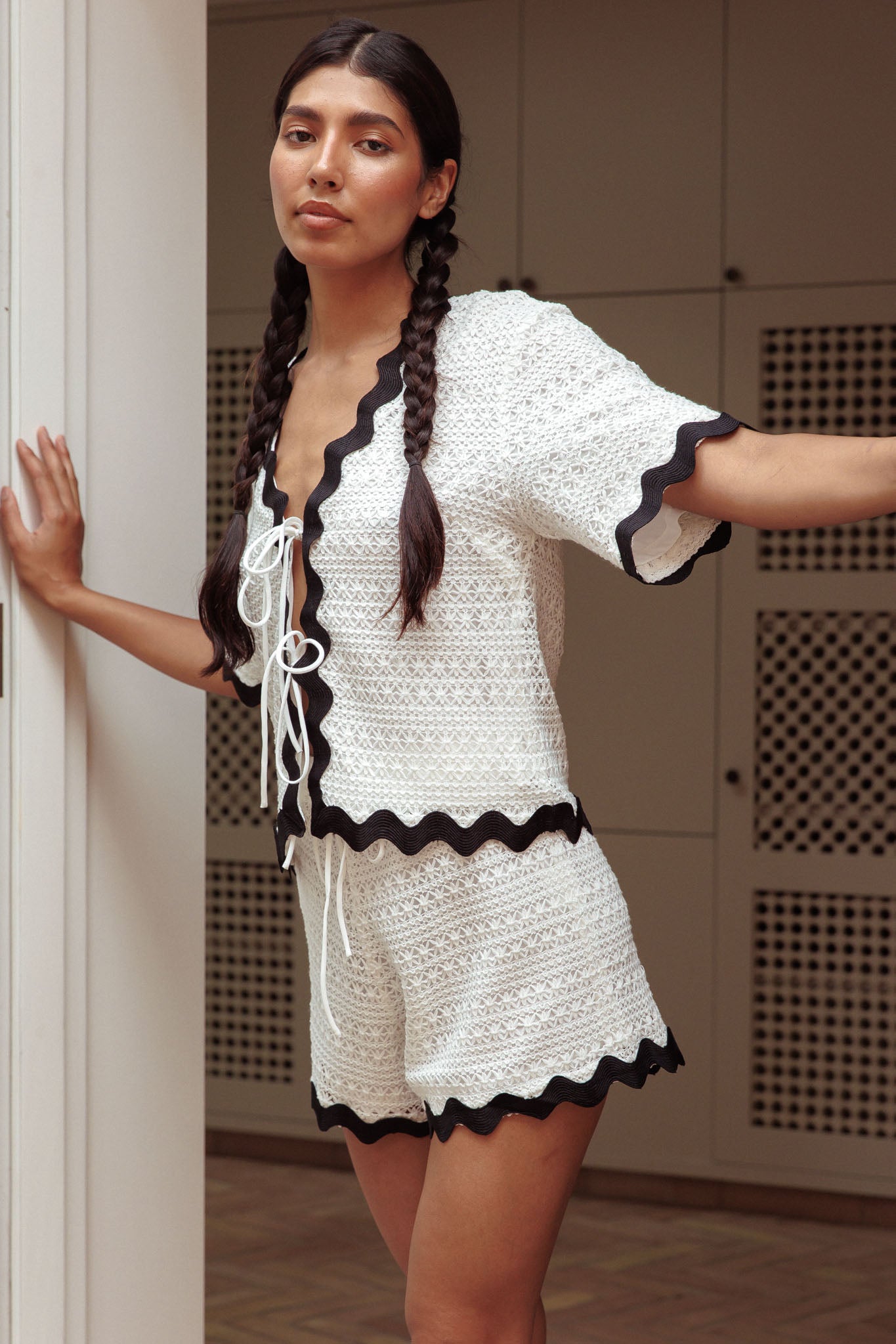 Breakaway Tie Front Shirt Crochet White-Fable Dress