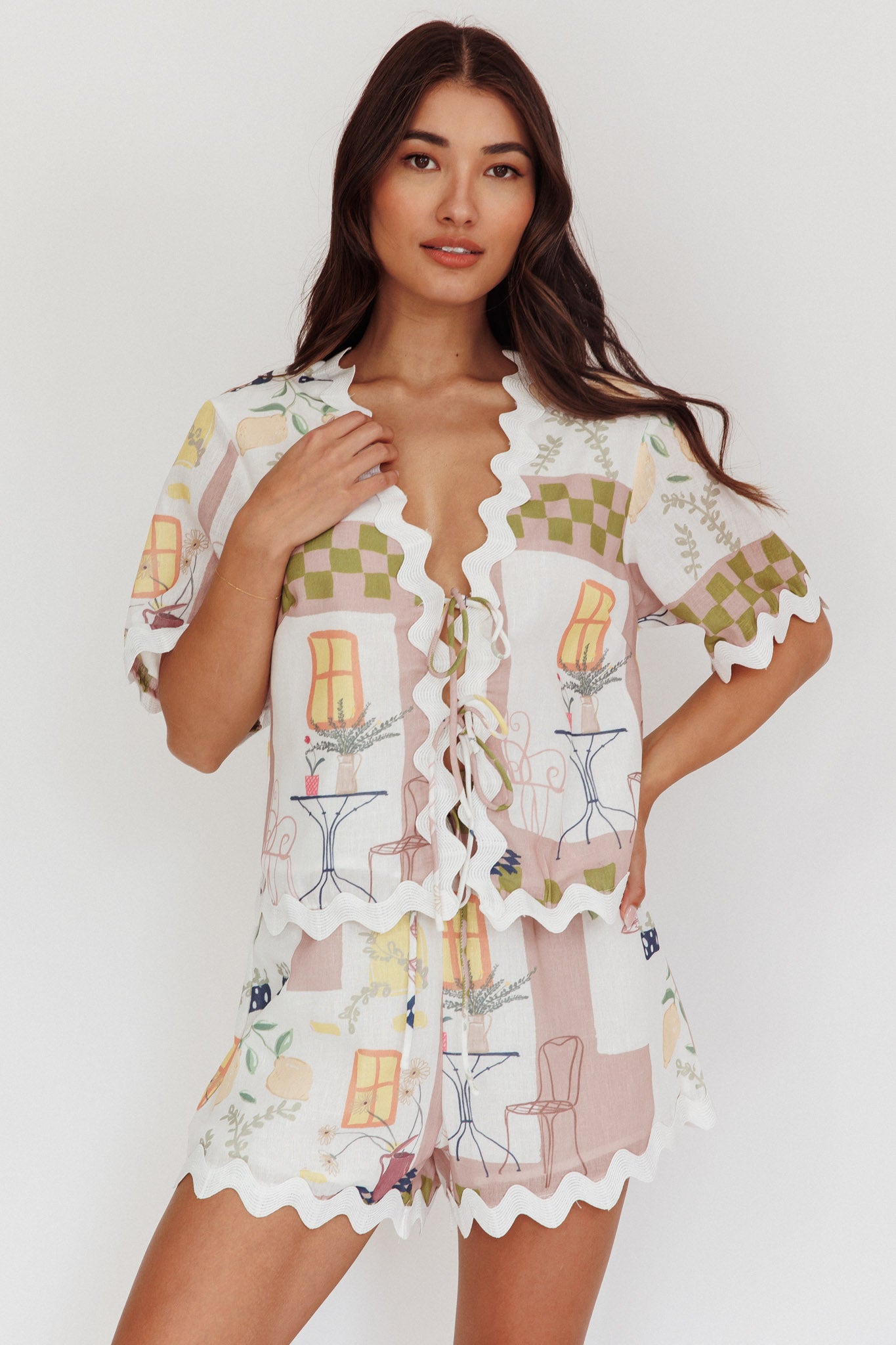 Breakaway Graphic Print Tied Short Sleeve Shirt Olive-Fable Dress