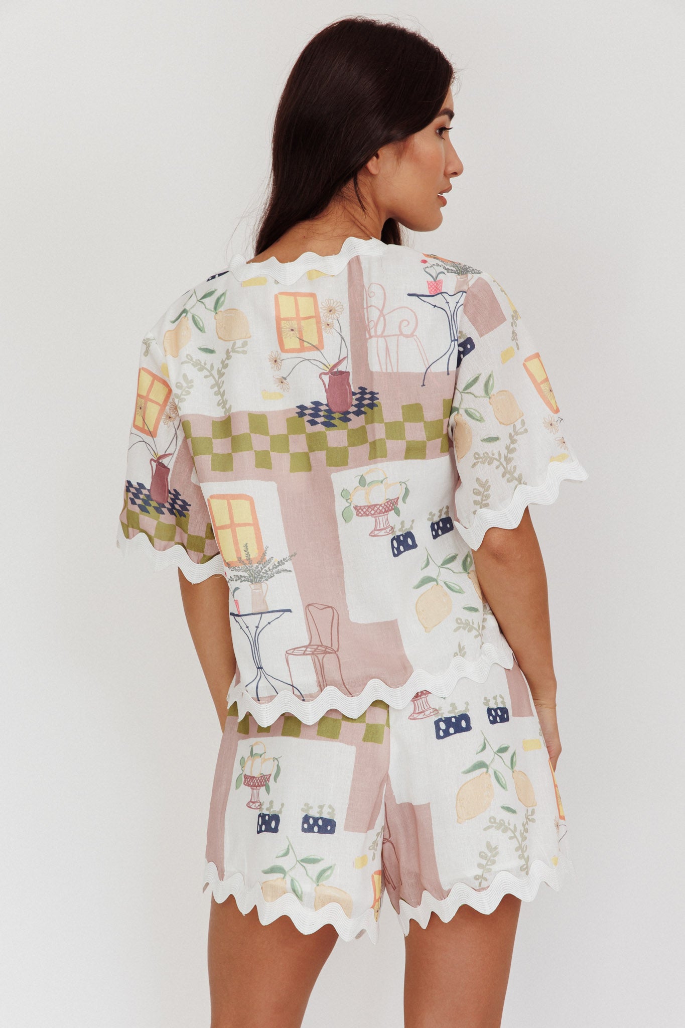 Breakaway Graphic Print Tied Short Sleeve Shirt Olive-Fable Dress