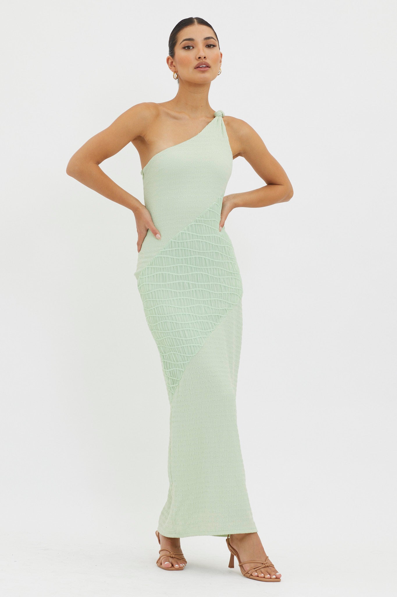 Clean Slate One-Shoulder Smocked Midi Dress Sage-Fable Dress