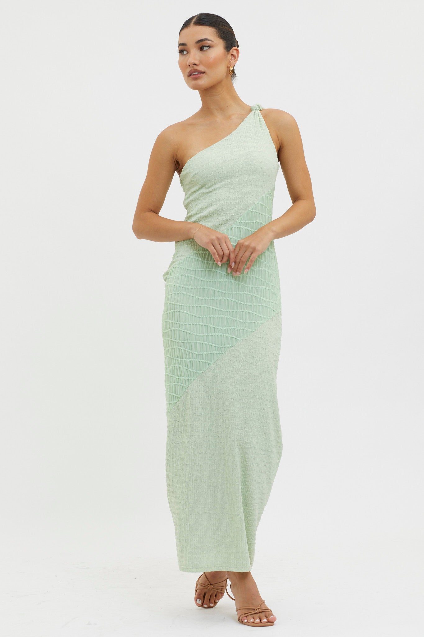 Clean Slate One-Shoulder Smocked Midi Dress Sage-Fable Dress