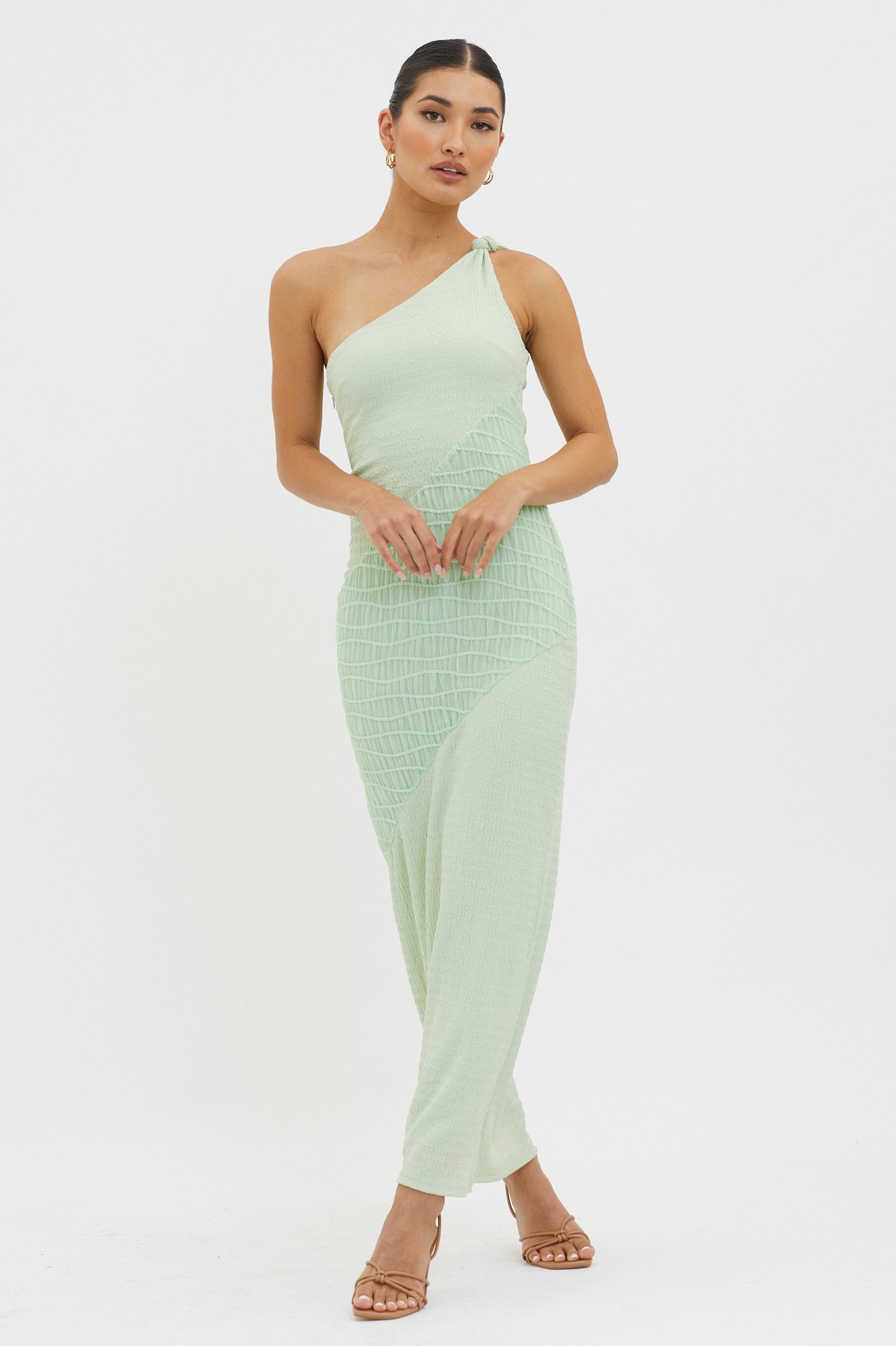 Clean Slate One-Shoulder Smocked Midi Dress Sage-Fable Dress