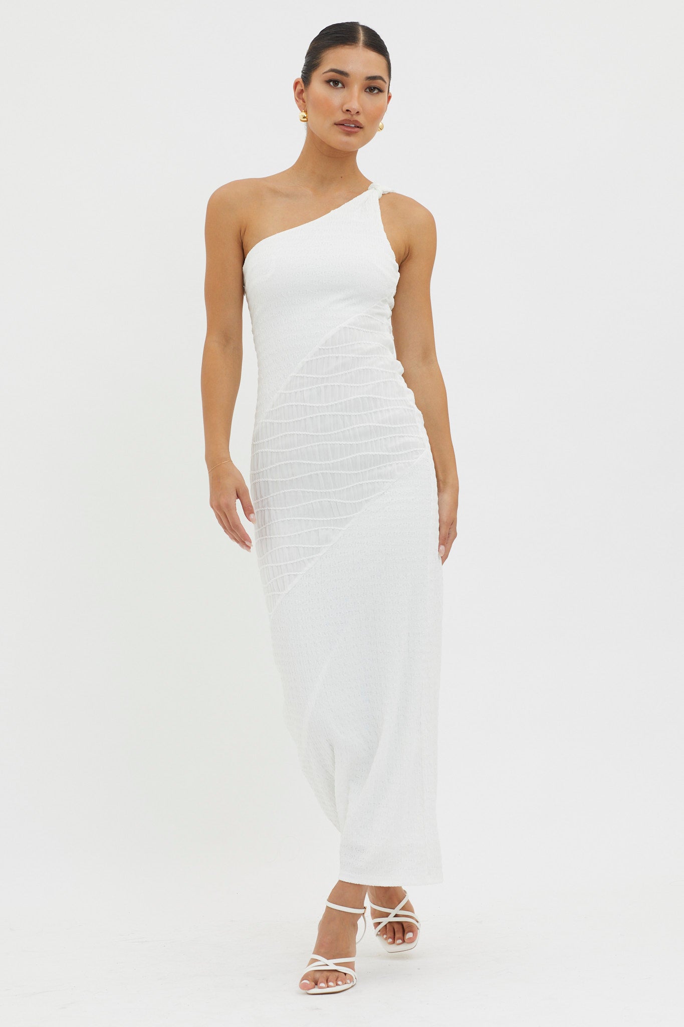 Clean Slate One-Shoulder Smocked Midi Dress White-Fable Dress