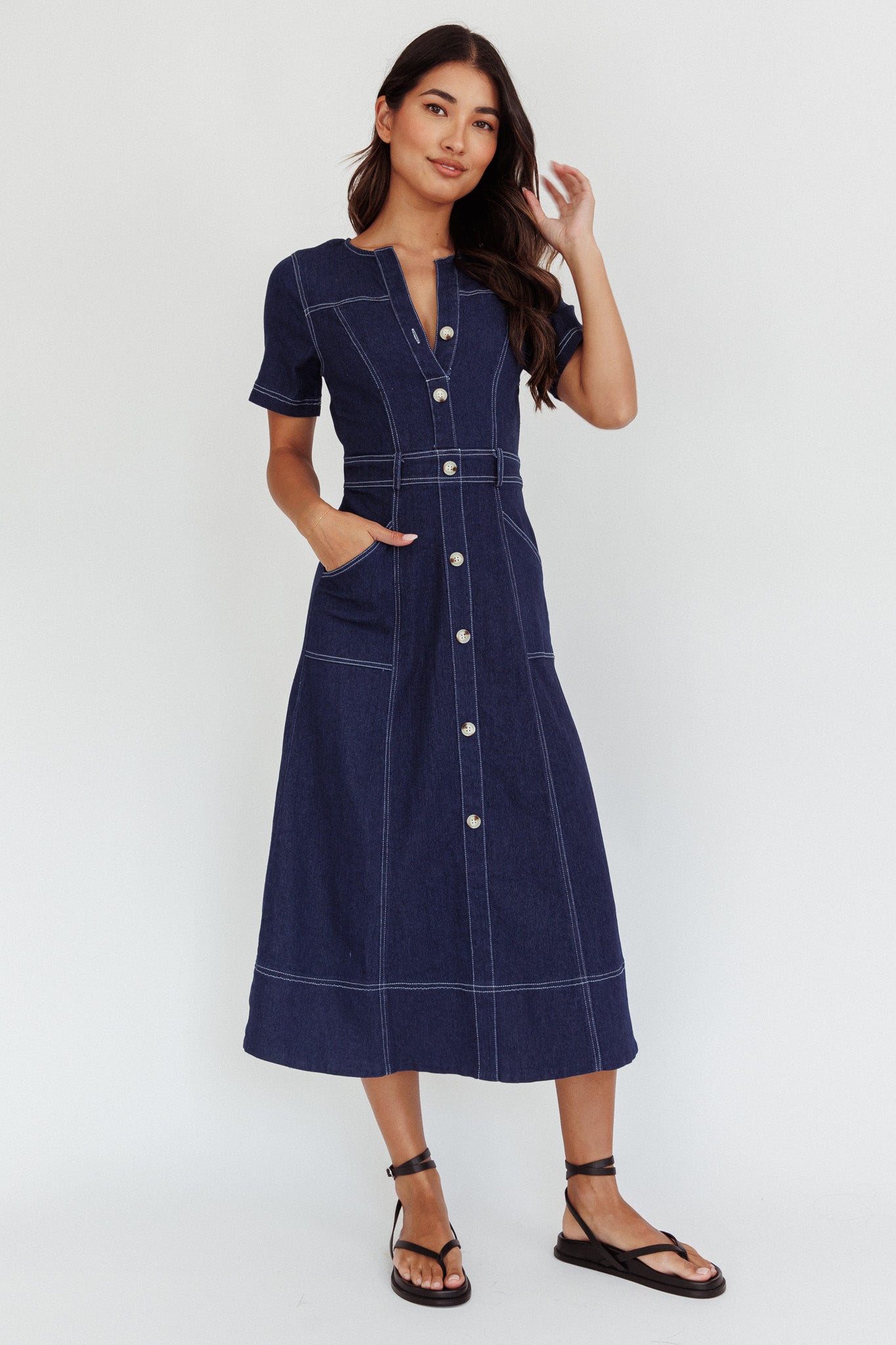 Aspen Love Front Pocket Midi Dress Indigo-Fable Dress