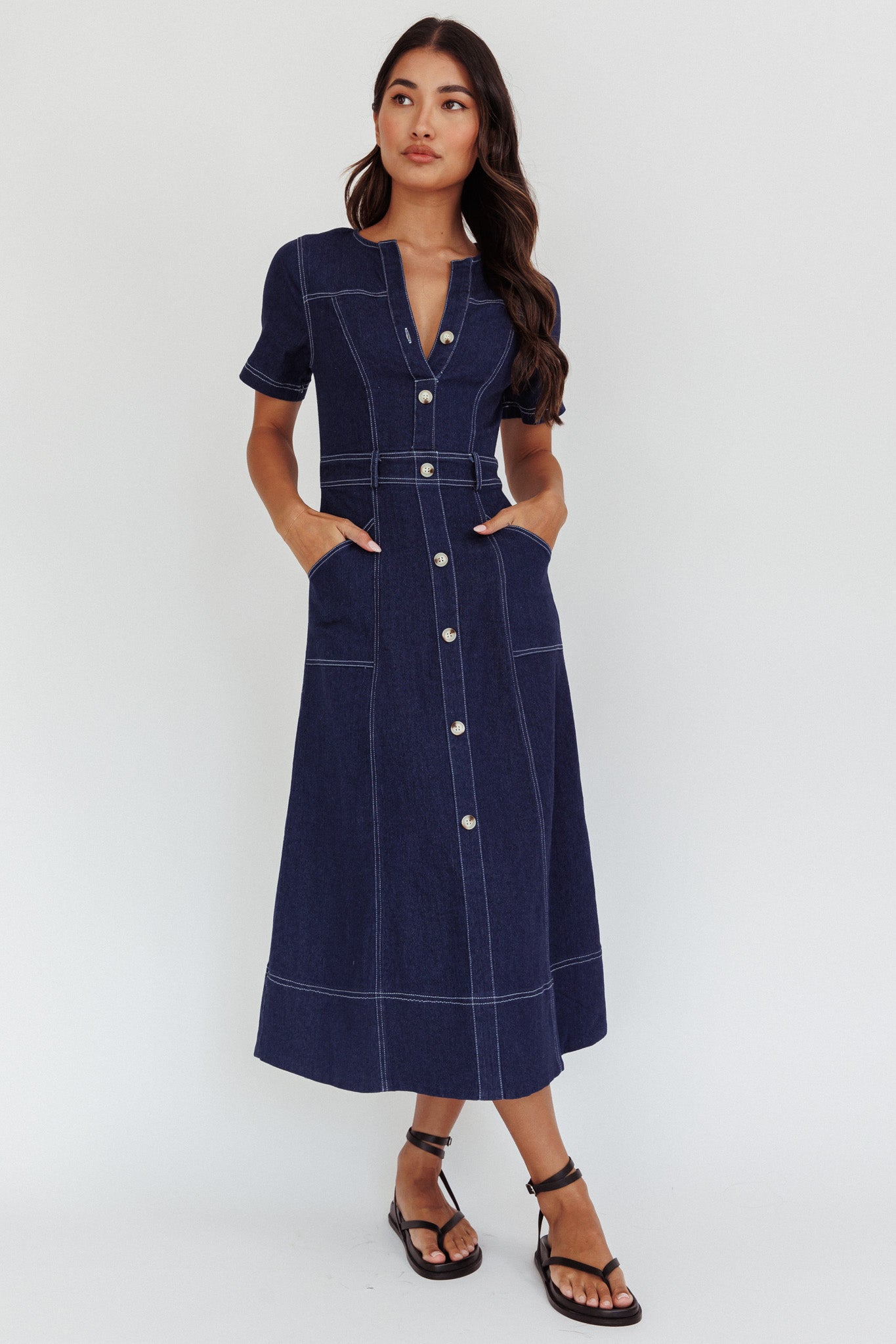 Aspen Love Front Pocket Midi Dress Indigo-Fable Dress