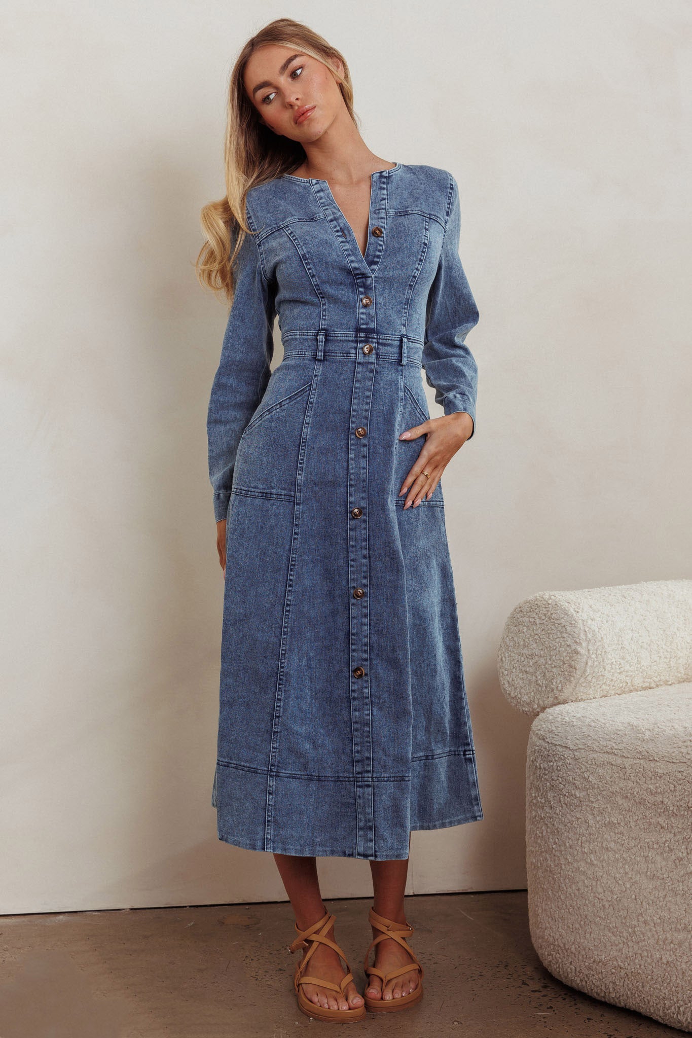 Aspen Love Front Pocket Midi Dress Denim Blue-Fable Dress