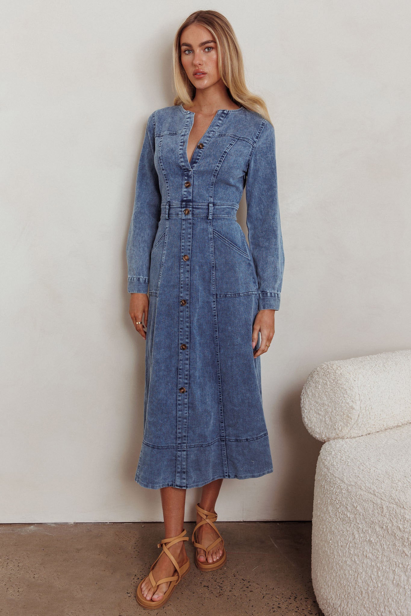 Aspen Love Front Pocket Midi Dress Denim Blue-Fable Dress