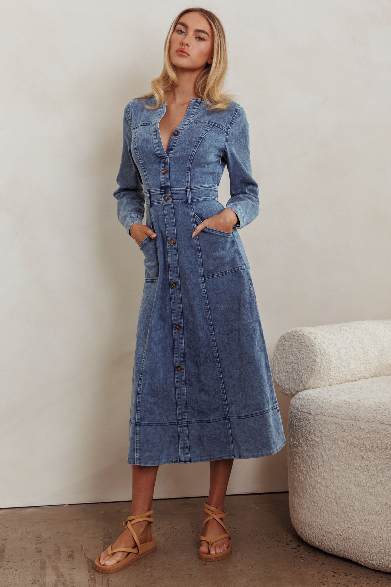 Aspen Love Front Pocket Midi Dress Denim Blue-Fable Dress