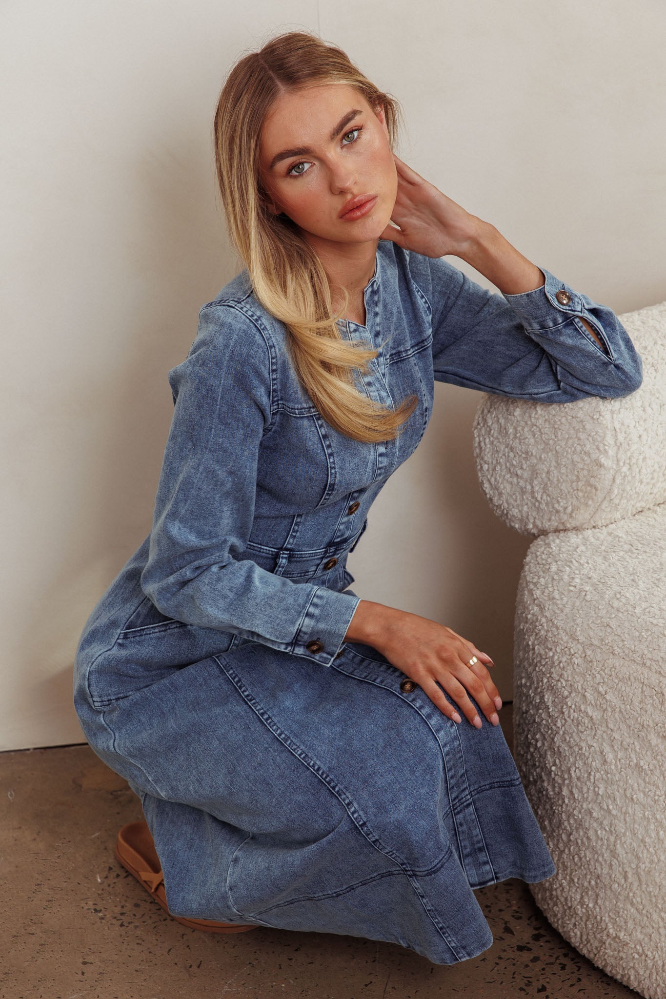 Aspen Love Front Pocket Midi Dress Denim Blue-Fable Dress