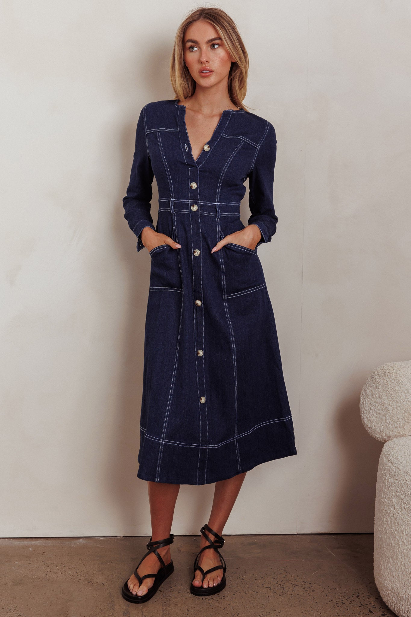 Aspen Love Front Pocket Long Sleeve Midi Dress Indigo-Fable Dress