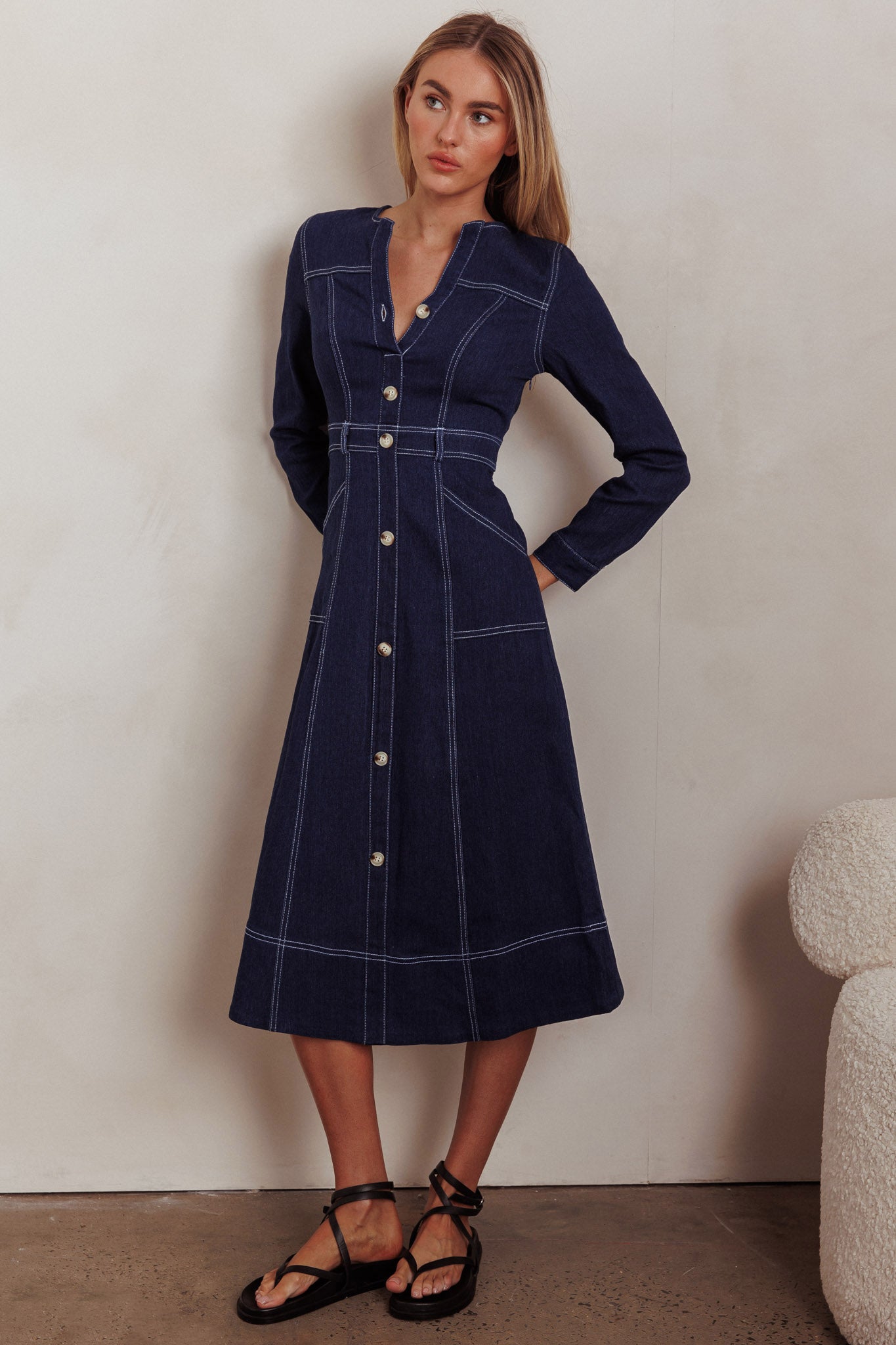 Aspen Love Front Pocket Long Sleeve Midi Dress Indigo-Fable Dress