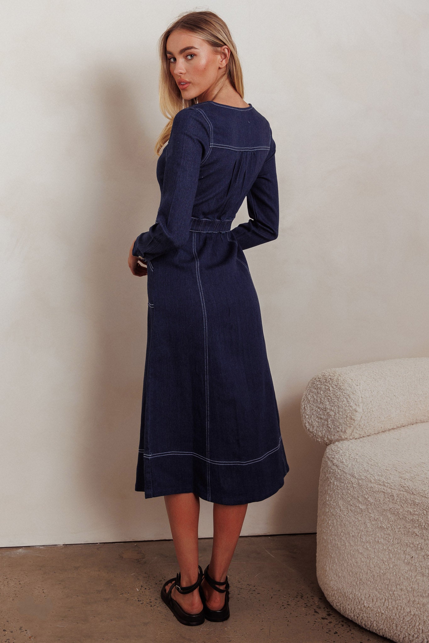 Aspen Love Front Pocket Long Sleeve Midi Dress Indigo-Fable Dress
