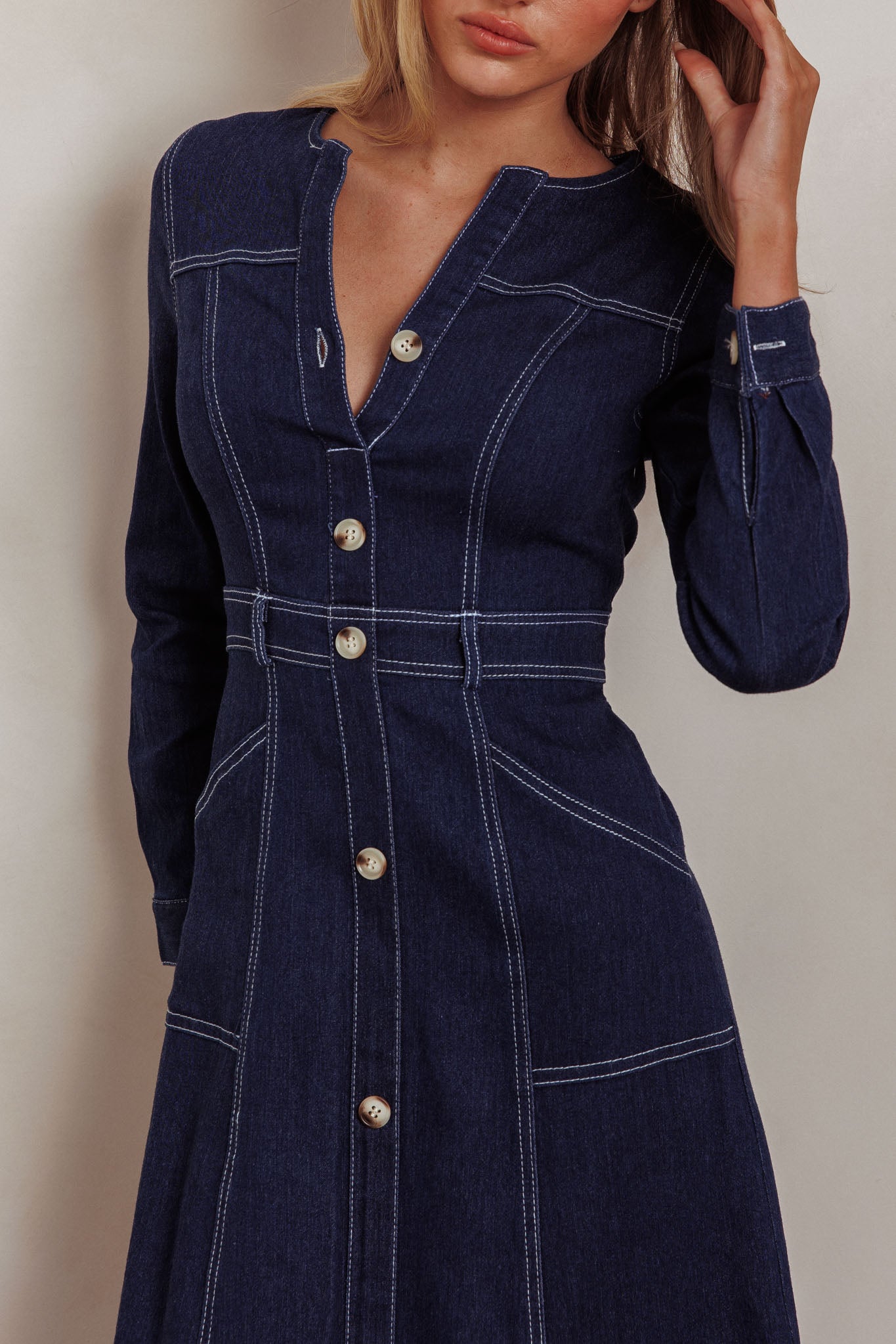 Aspen Love Front Pocket Long Sleeve Midi Dress Indigo-Fable Dress