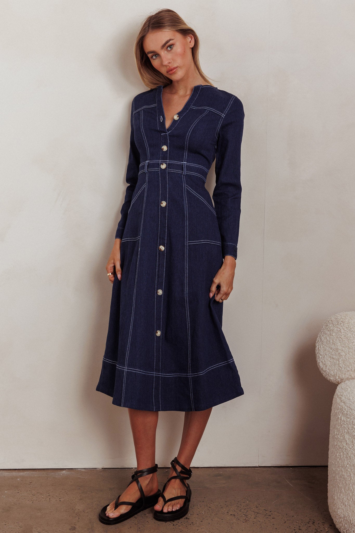Aspen Love Front Pocket Long Sleeve Midi Dress Indigo-Fable Dress