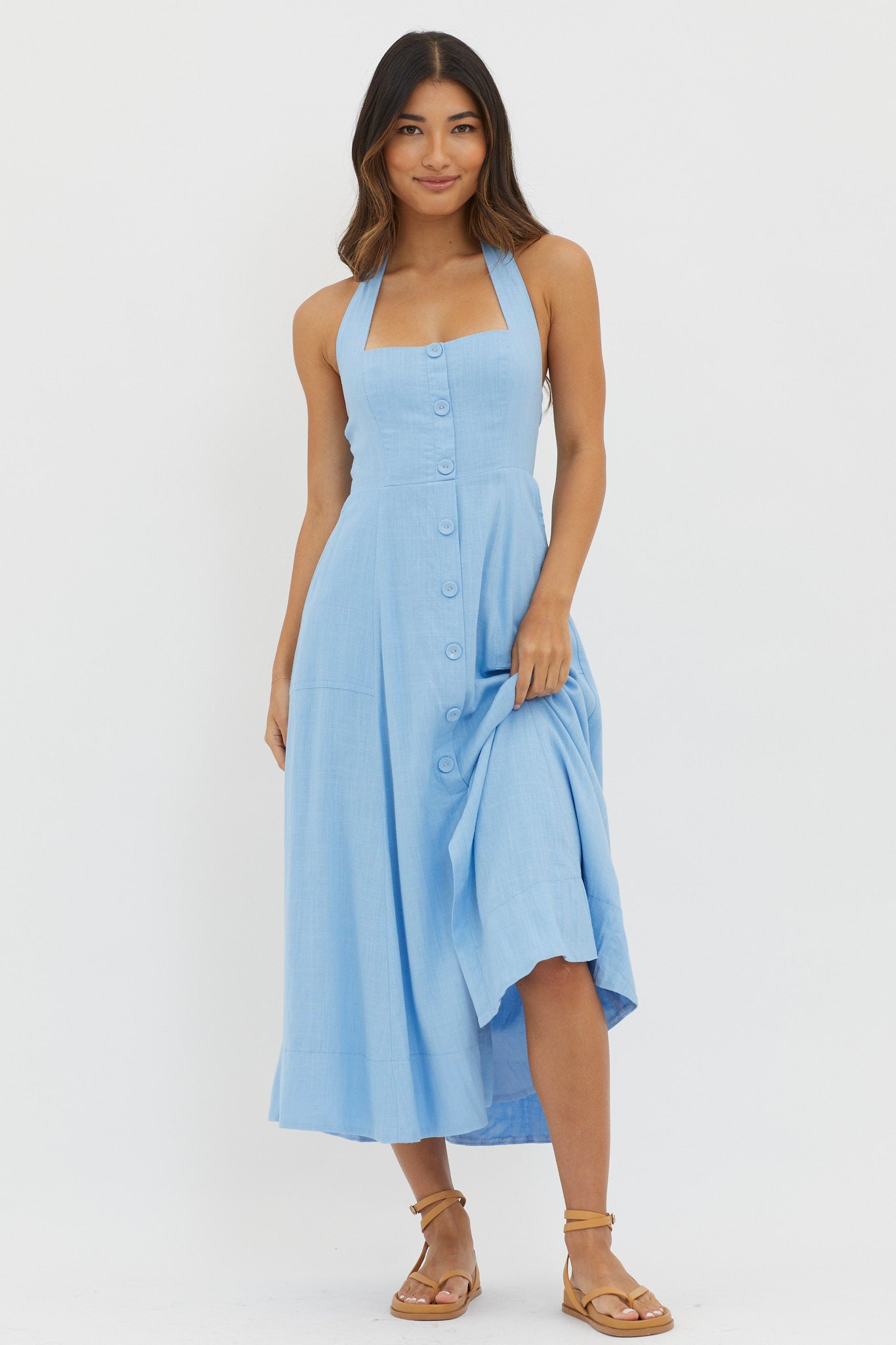 Marybeth Halterneck Midi Dress Blue-Fable Dress
