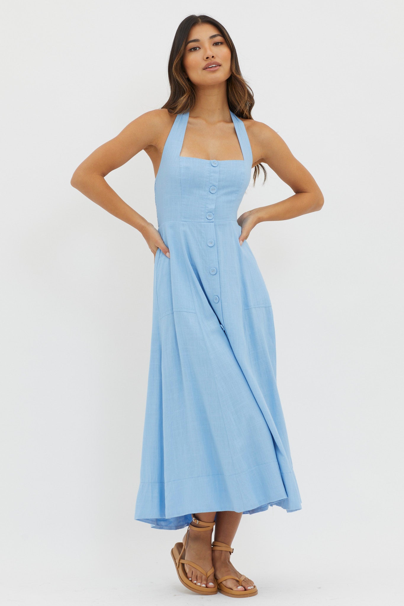 Marybeth Halterneck Midi Dress Blue-Fable Dress