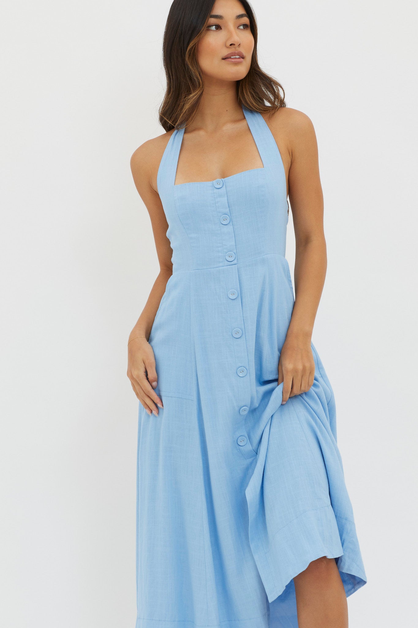 Marybeth Halterneck Midi Dress Blue-Fable Dress