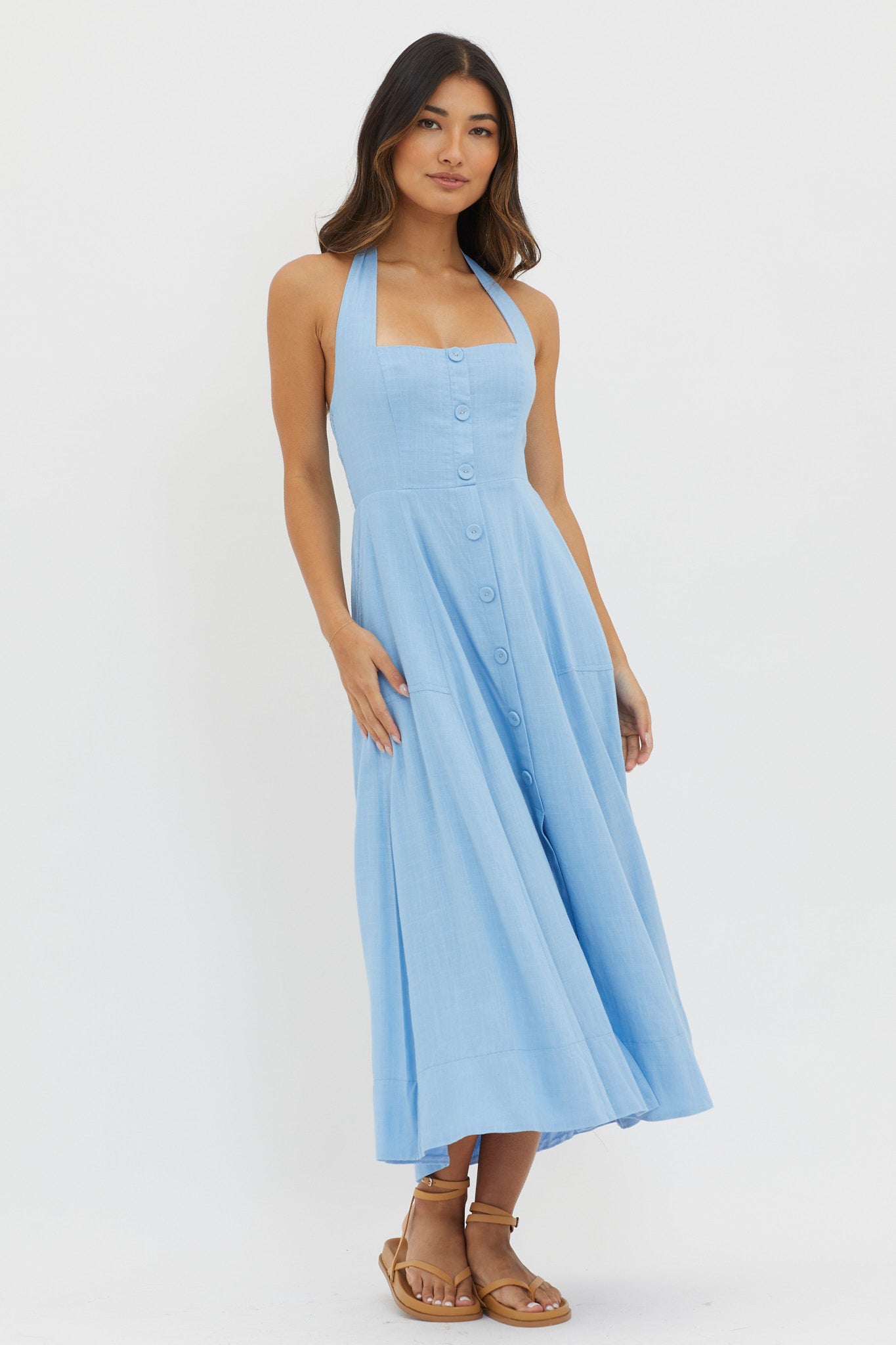 Marybeth Halterneck Midi Dress Blue-Fable Dress