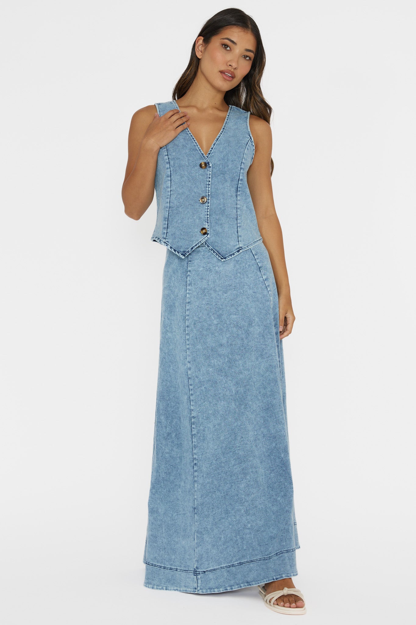 Rhythms Button Vest Denim Blue-Fable Dress