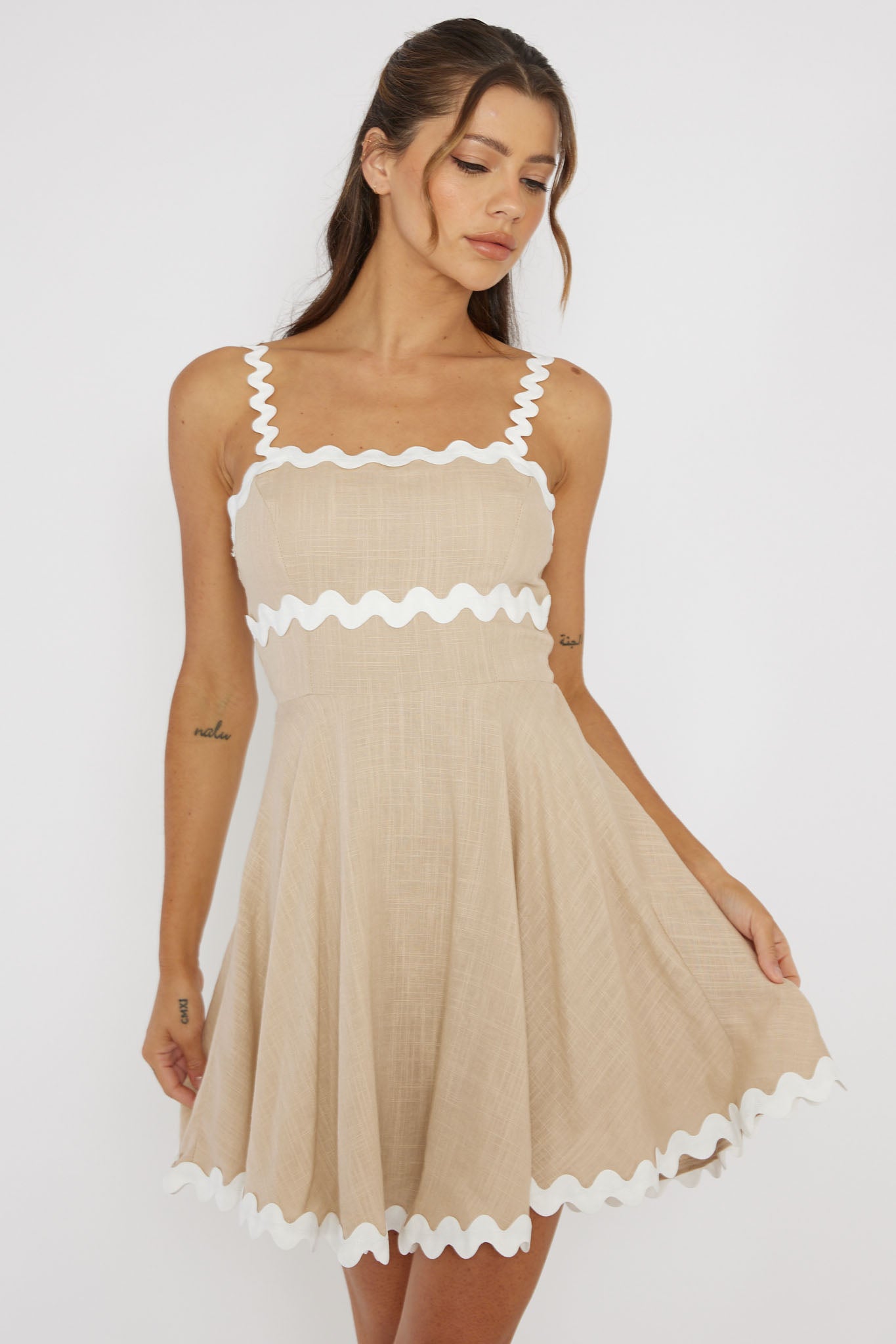 Won Me Over Ric Rac Trim Mini Dress Beige-Fable Dress