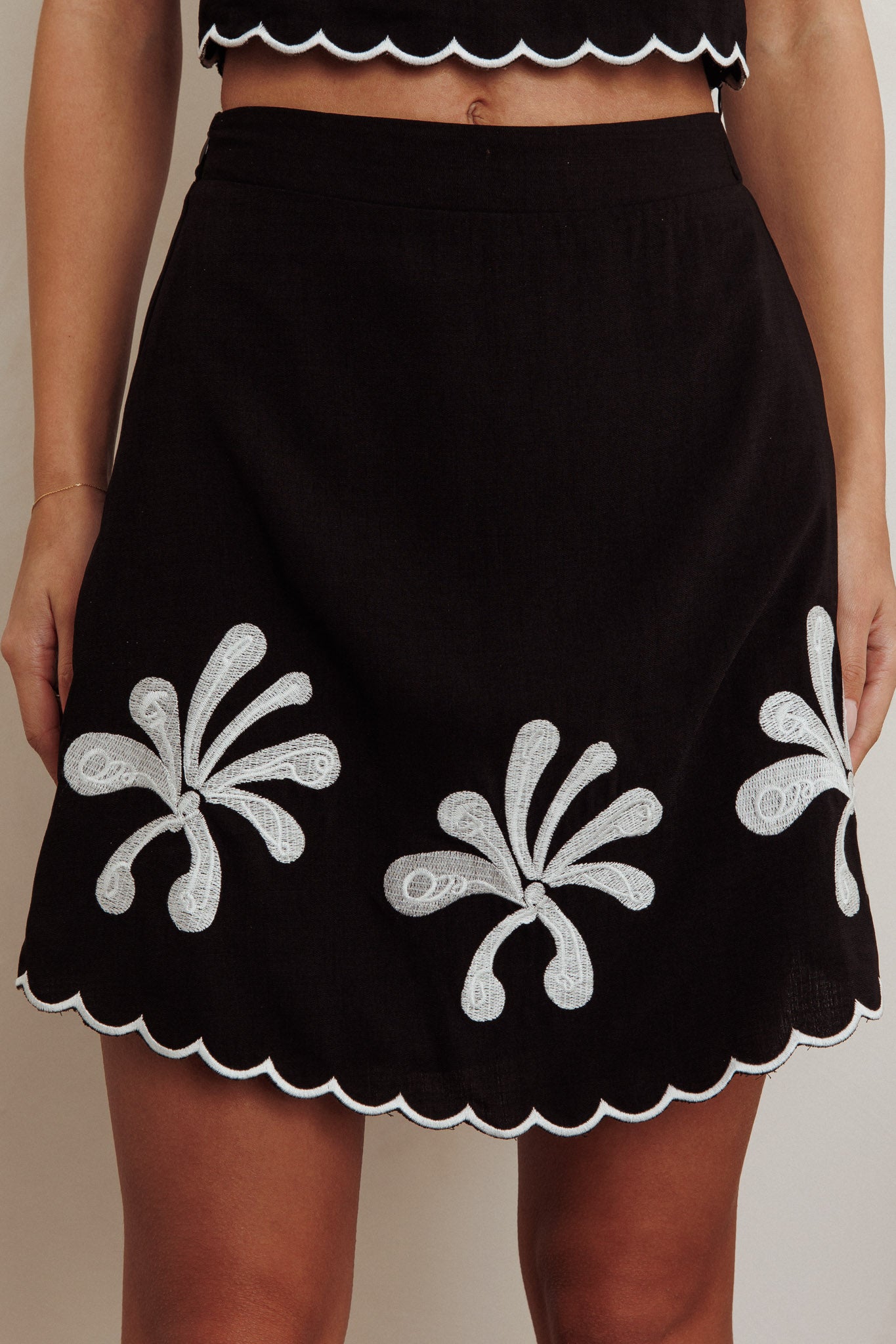 Carsyn Flower Embroidery A-Line Mini Skirt Black-Fable Dress