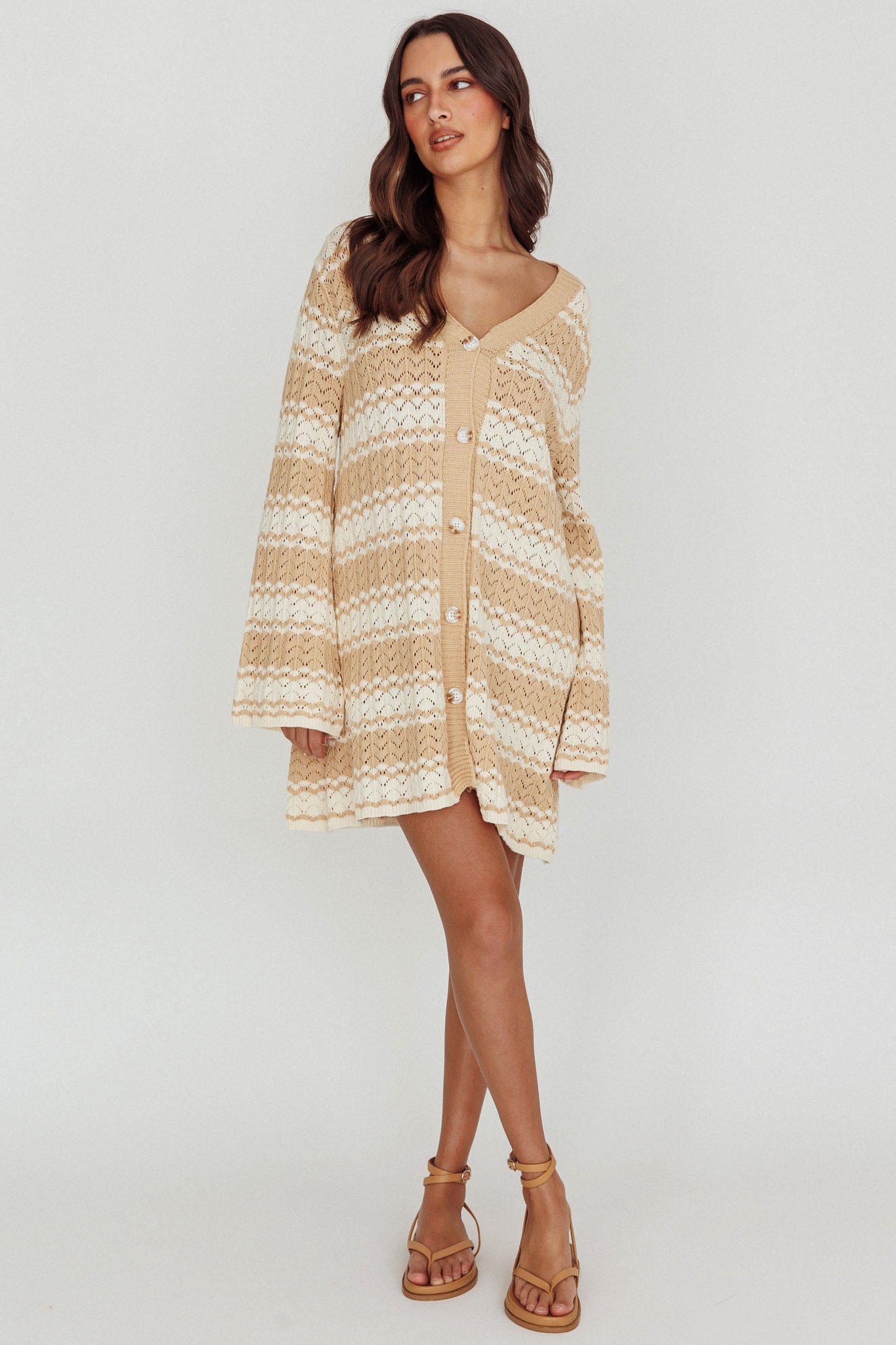 Maysah Button-Up Knit Shirt Dress Nude Ivory-Fable Dress
