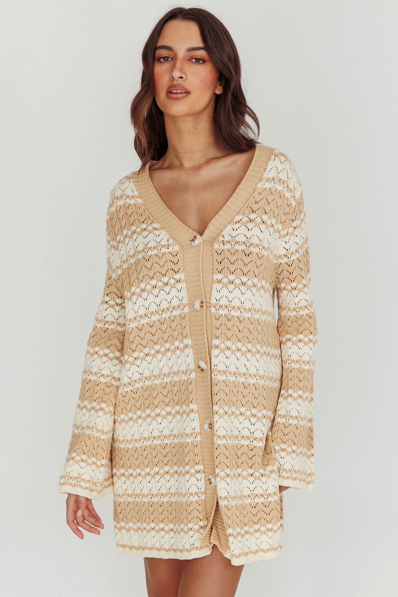 Maysah Button-Up Knit Shirt Dress Nude Ivory-Fable Dress