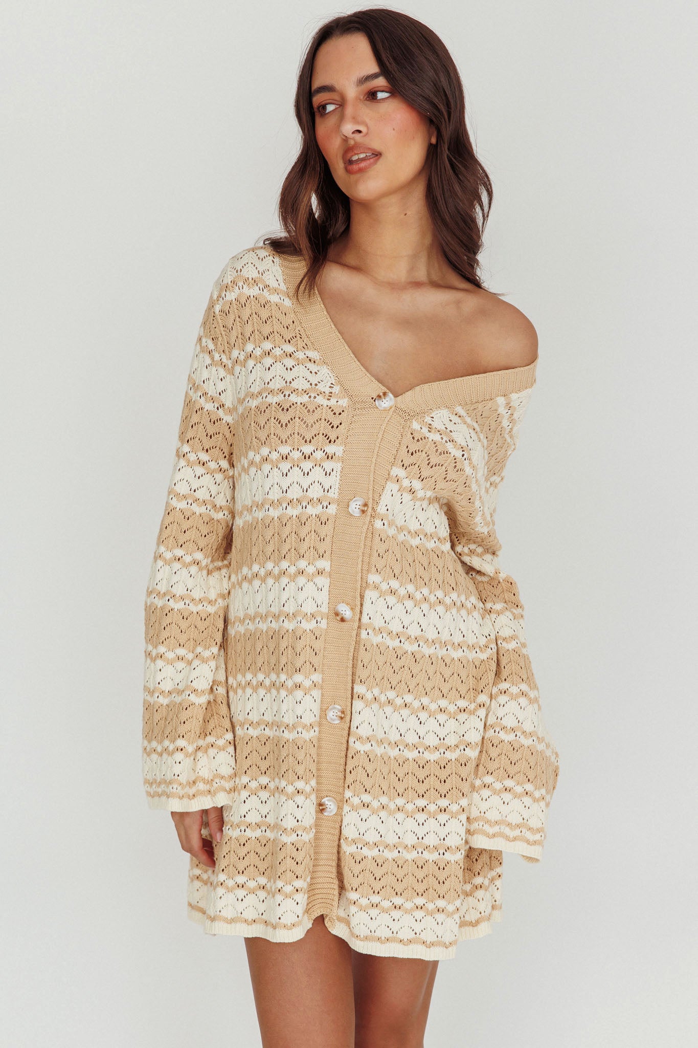 Maysah Button-Up Knit Shirt Dress Nude Ivory-Fable Dress