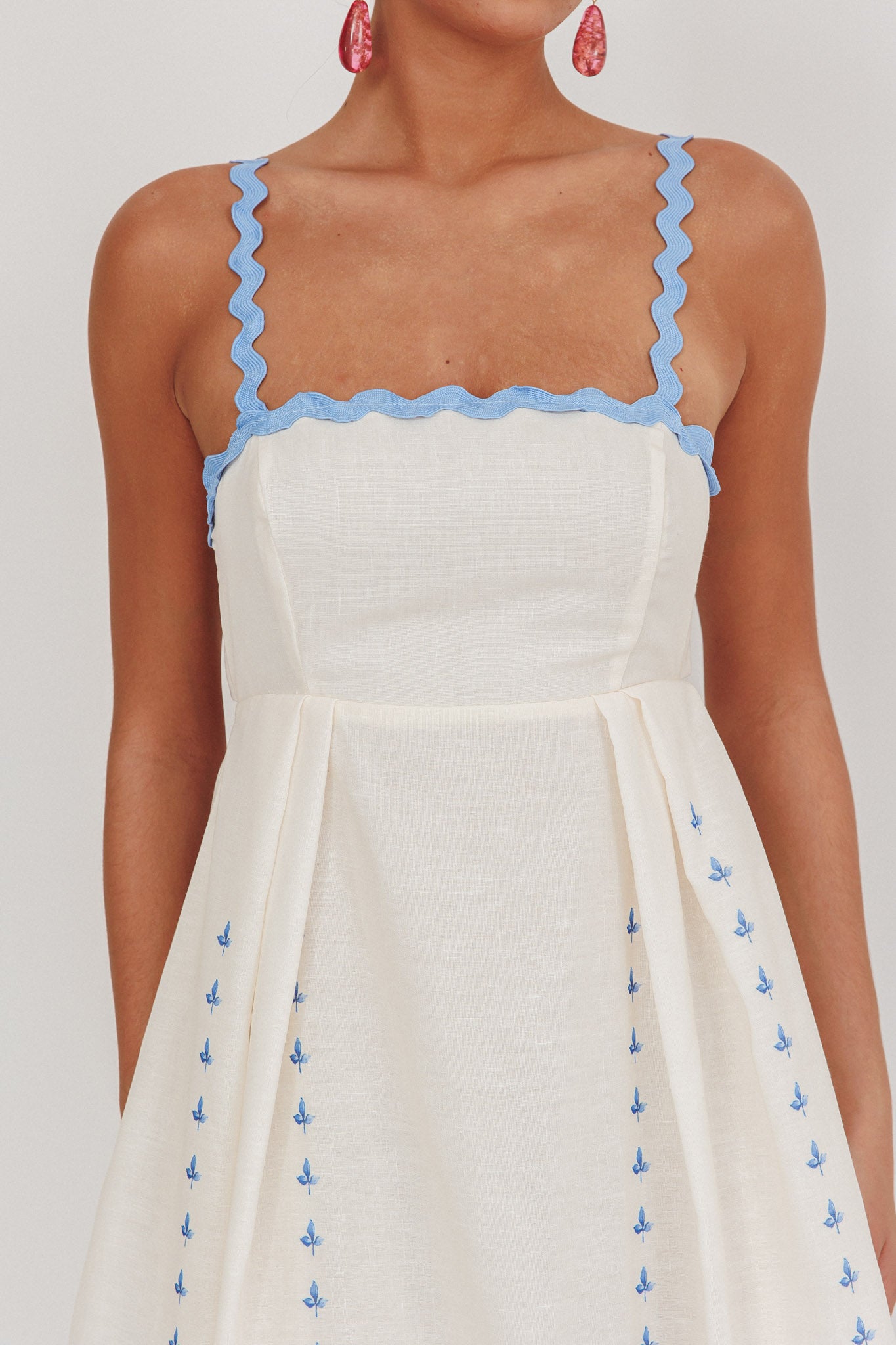 Asami Floral Print Ric Rac Trim Midi Dress Blue-Fable Dress