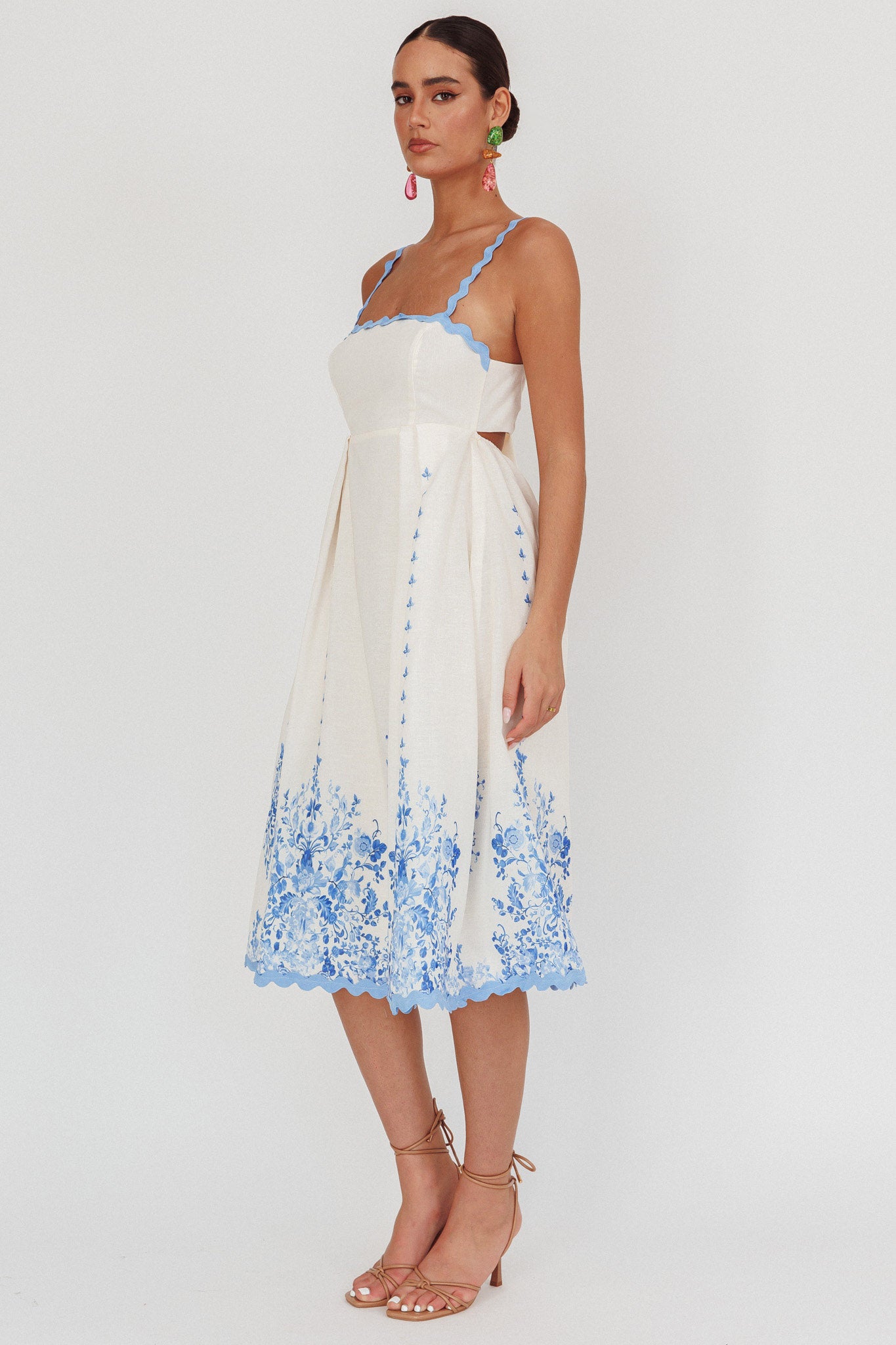 Asami Floral Print Ric Rac Trim Midi Dress Blue-Fable Dress