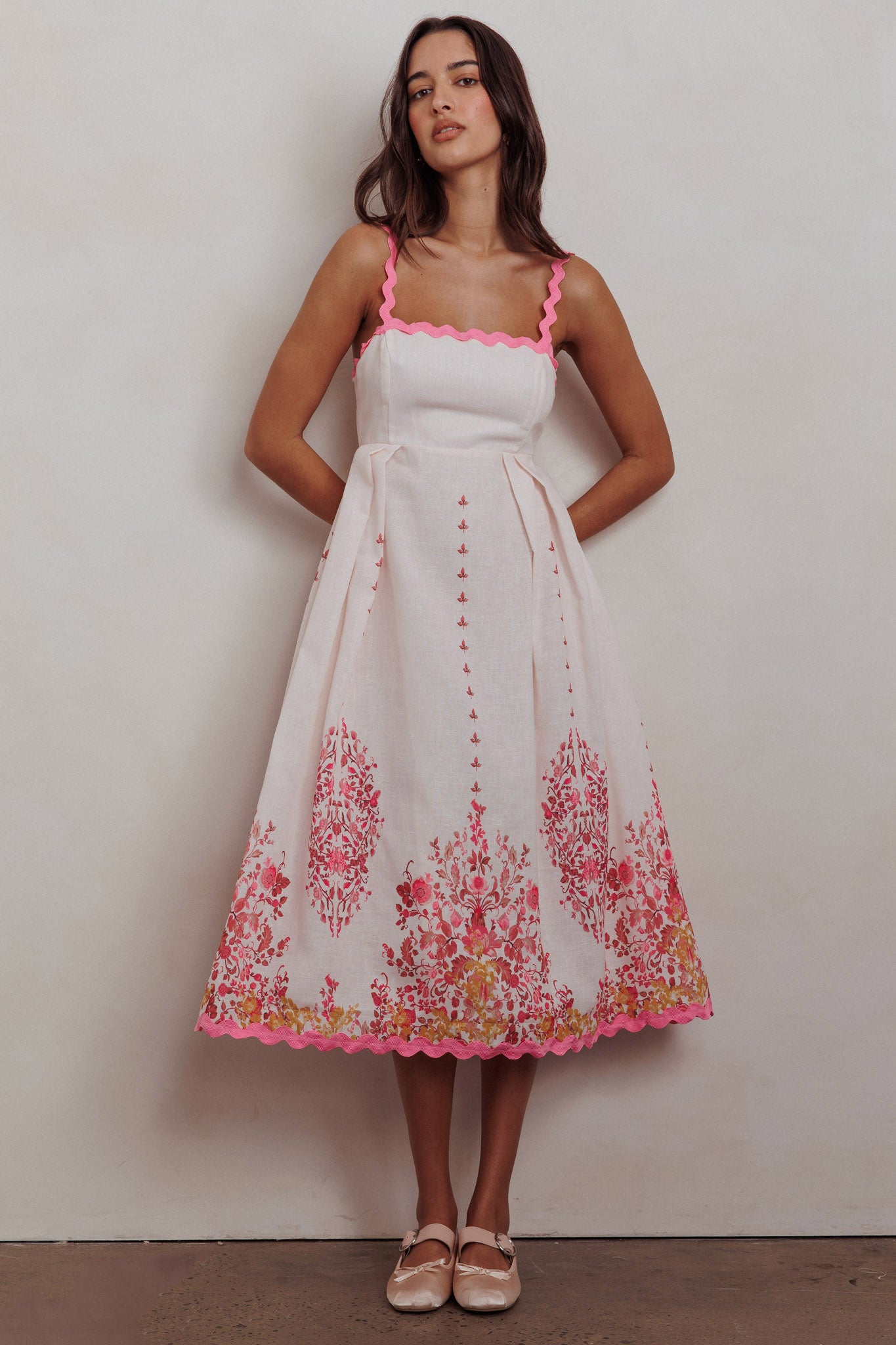 Asami Floral Print Ric Rac Trim Midi Dress Blush-Fable Dress