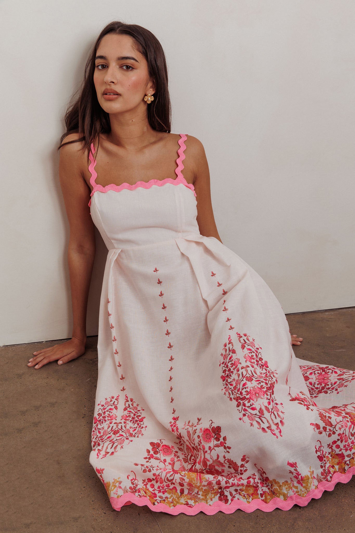 Asami Floral Print Ric Rac Trim Midi Dress Blush-Fable Dress