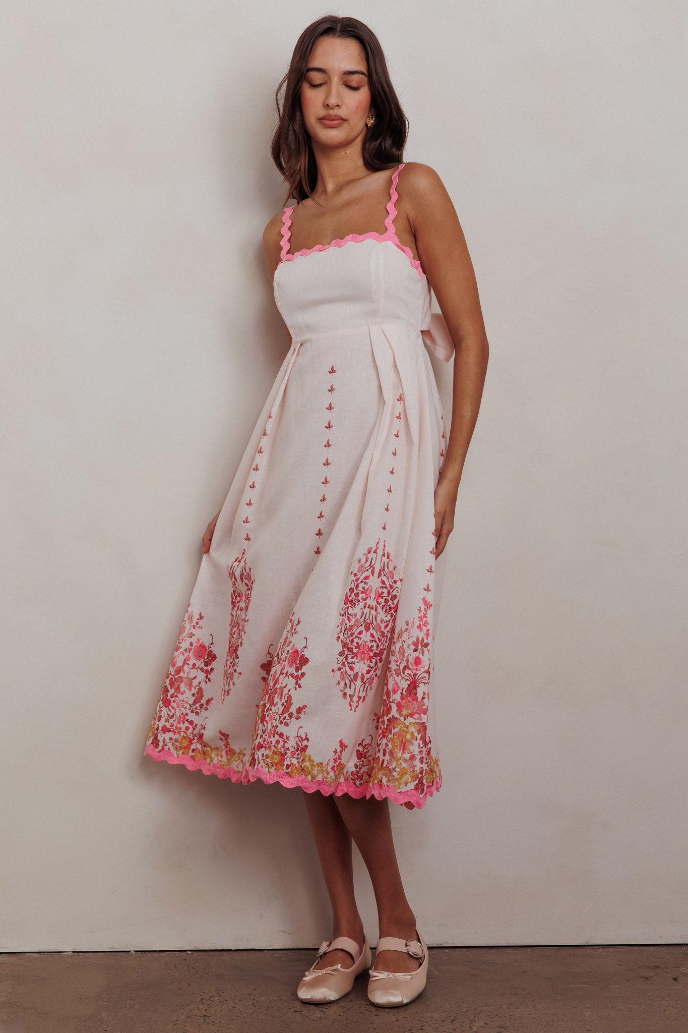 Asami Floral Print Ric Rac Trim Midi Dress Blush-Fable Dress