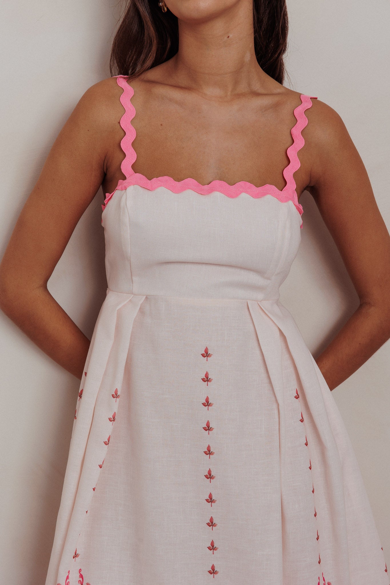 Asami Floral Print Ric Rac Trim Midi Dress Blush-Fable Dress