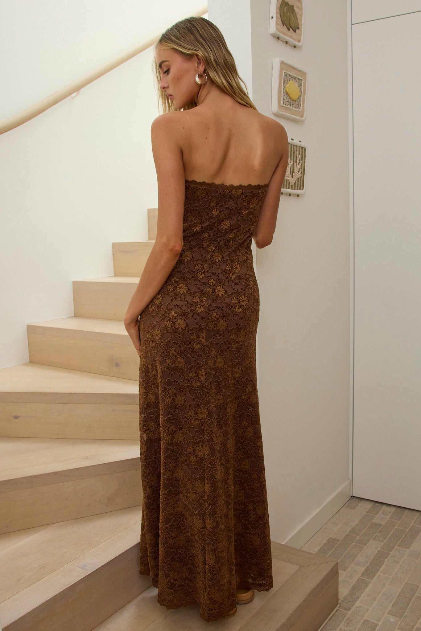 Artice Strapless Maxi Dress Lace Chocolate-Fable Dress