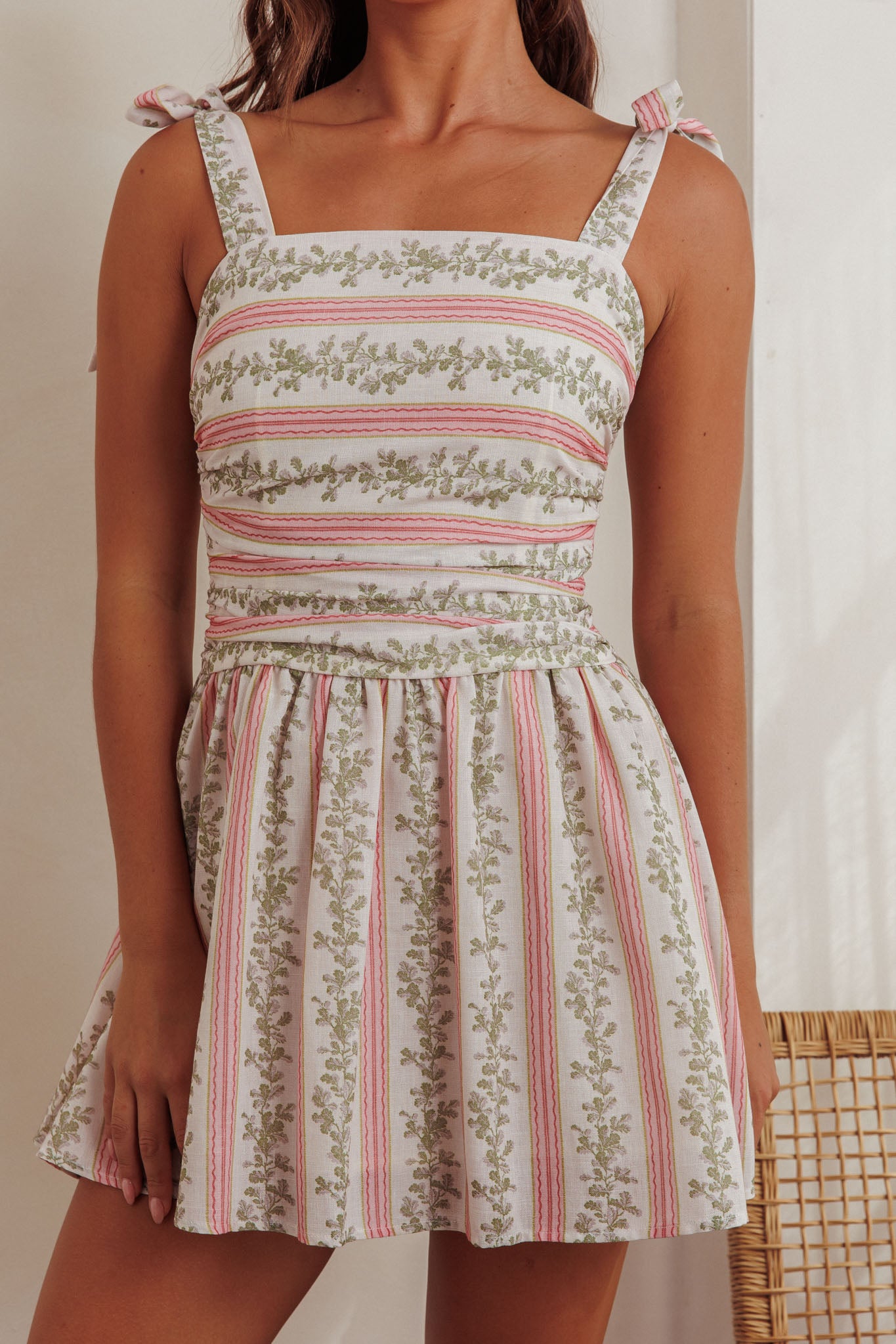 Bestie Tied Shoulder Mini Dress Floral Green-Fable Dress