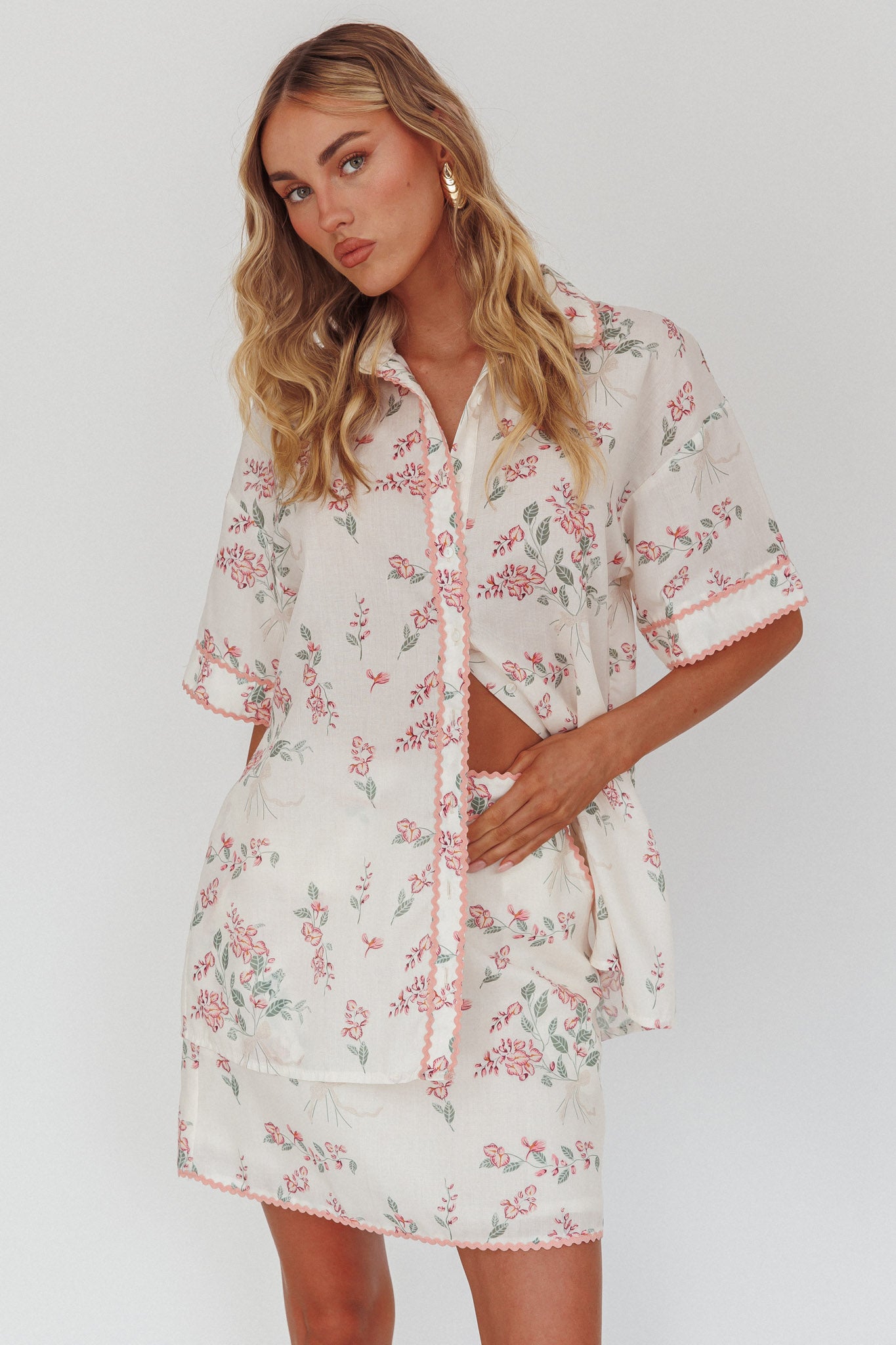 Catherina Ric-Rac Trim Mini Skirt Floral Pink-Fable Dress