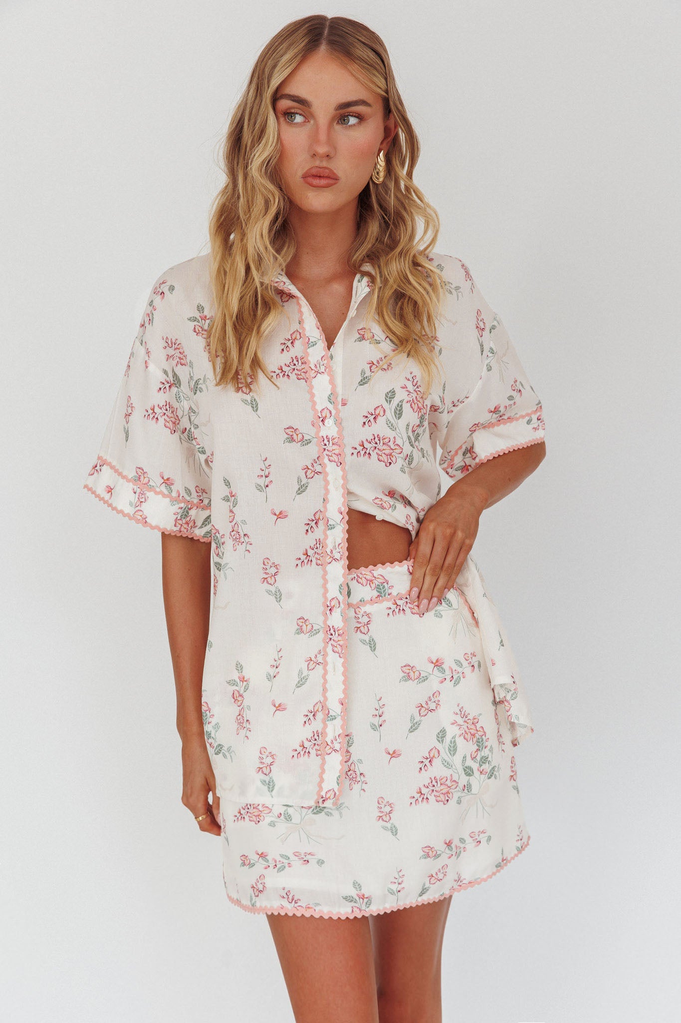 Catherina Ric-Rac Trim Button-Up Shirt Floral Pink-Fable Dress