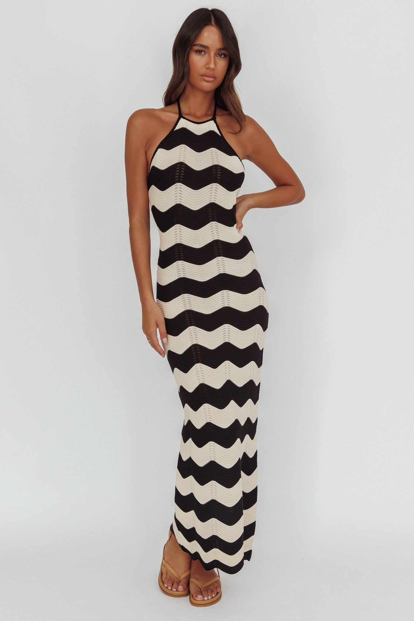 Yelena Halter Neck Knit  Maxi Dress Zig-Zag Cream-Fable Dress