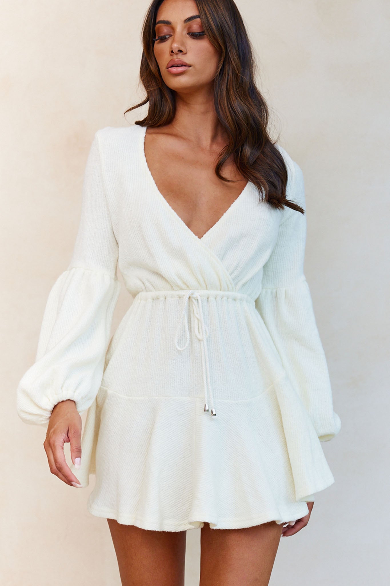 Annalise Long Sleeve Drawstring Knit Dress White-Fable Dress